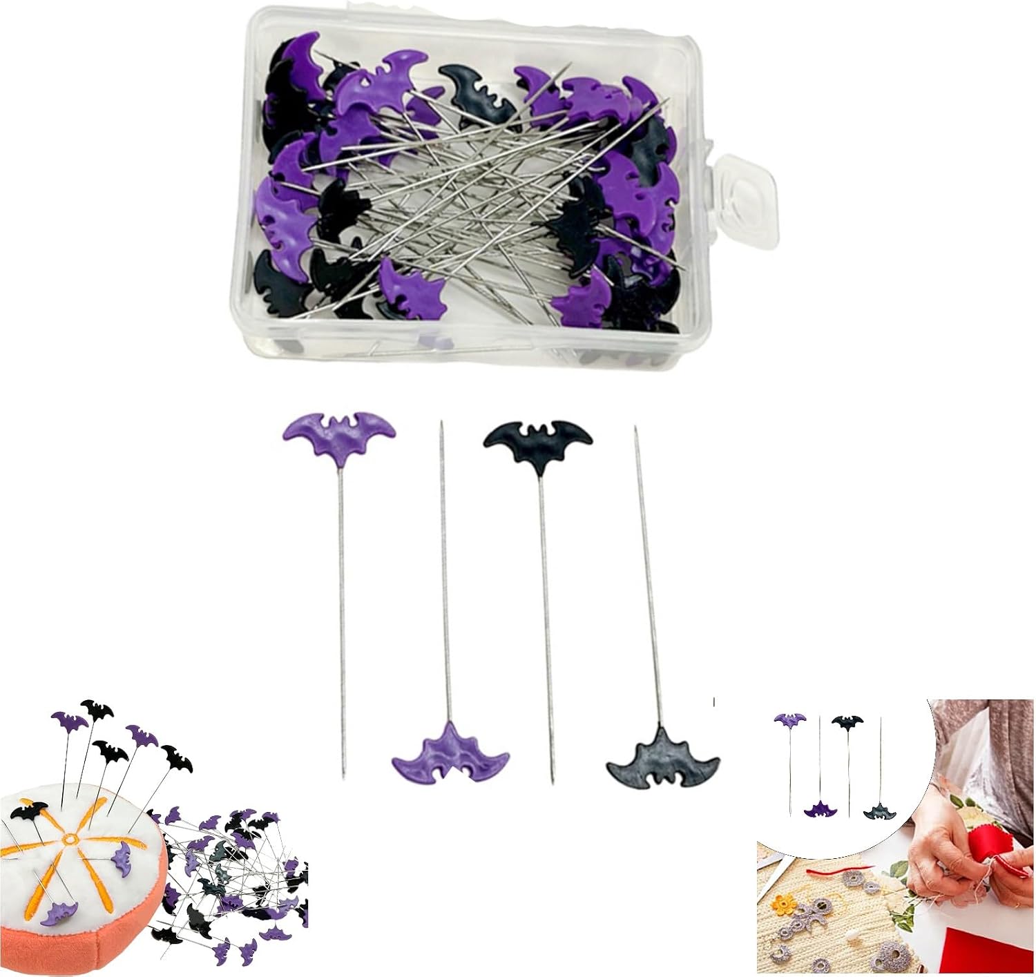 50PCS Sewing Pins Halloween Bat Shape Dressmaking Pins Plastic Head Quilting Pins for Fabric Craft Sewing Supplies Embroidery Tools