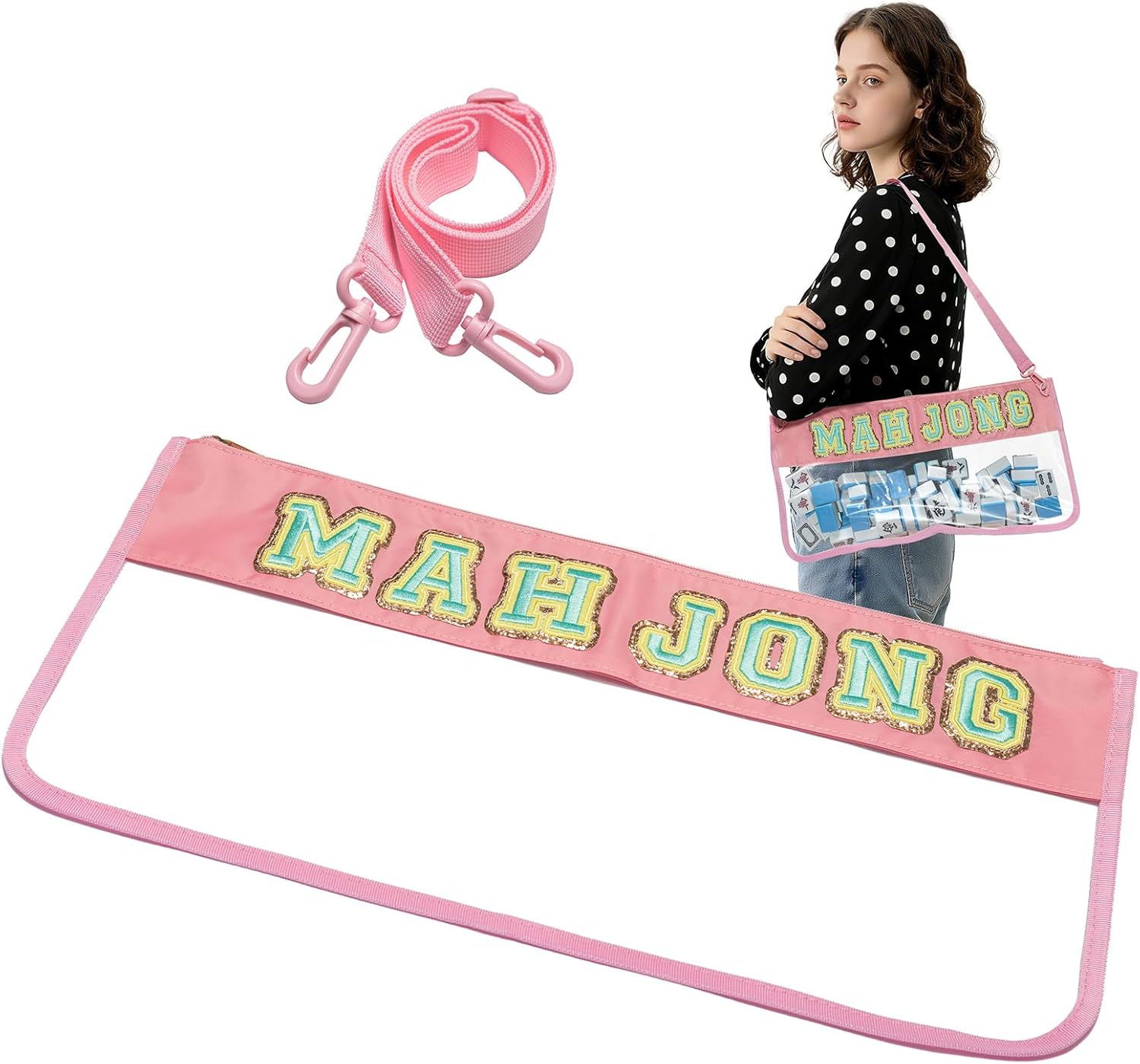 Velance American Mahjong Bag, Empty American Mahjong Tiles Bag with Shoulder Strap and Zippered, Waterproof Mahjong Accessories Storage Pouch Gifts(Pink)