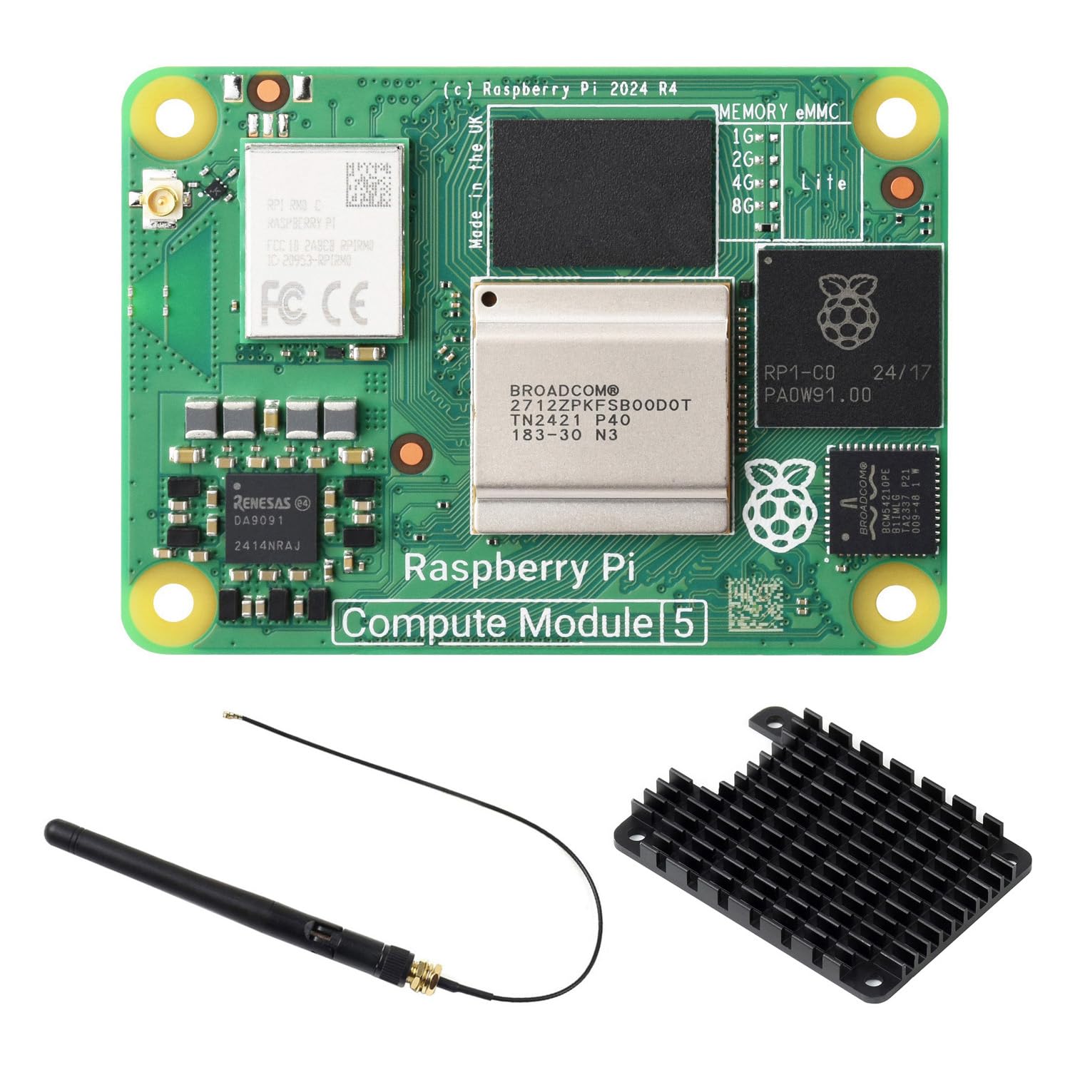 Waveshare CM5 Pi Compute Module 5，Comes with an Official Raspberry Pi CM5116000 (with Wireless, 16GB RAM, 0GB (Lite) eMMC Flash), an Antenna Kit and a HEATSINK