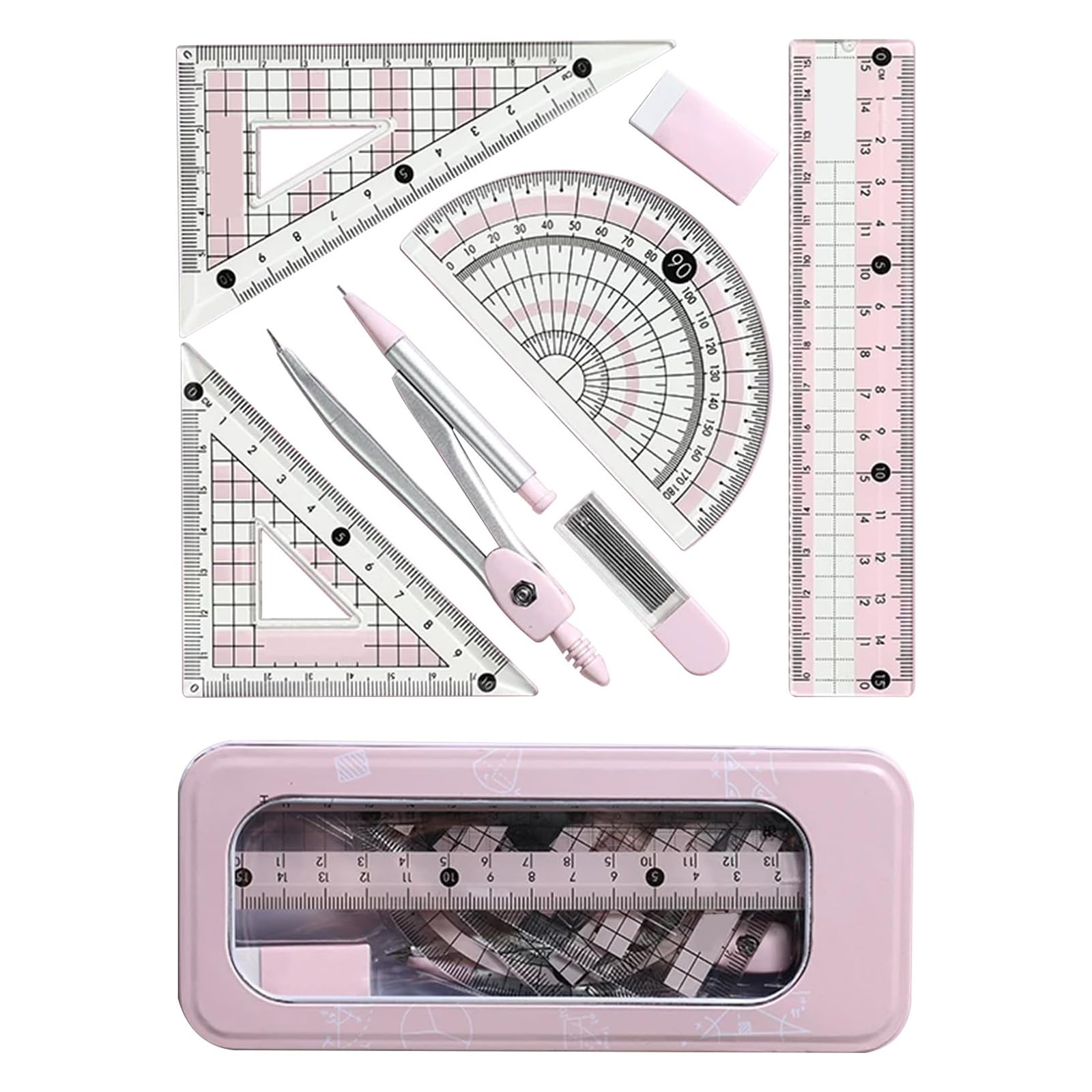 Febbya Protractor Set,Geometry Set with Compass 360 Protractor,Protractor and Compass Sets,Complete Stationery Kit for Exam,Student Supplies with Ruler,For School Exam Stationery