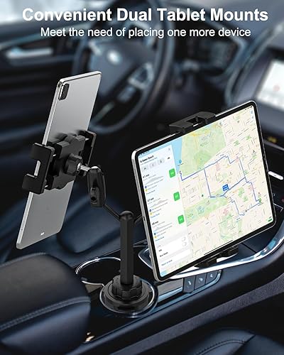 Miniatura 5 de woleyi Soporte doble para tableta para taza de automóvil, brazo de metal doble Soporte ajustable resistente para vasos de automóvil, soporte para