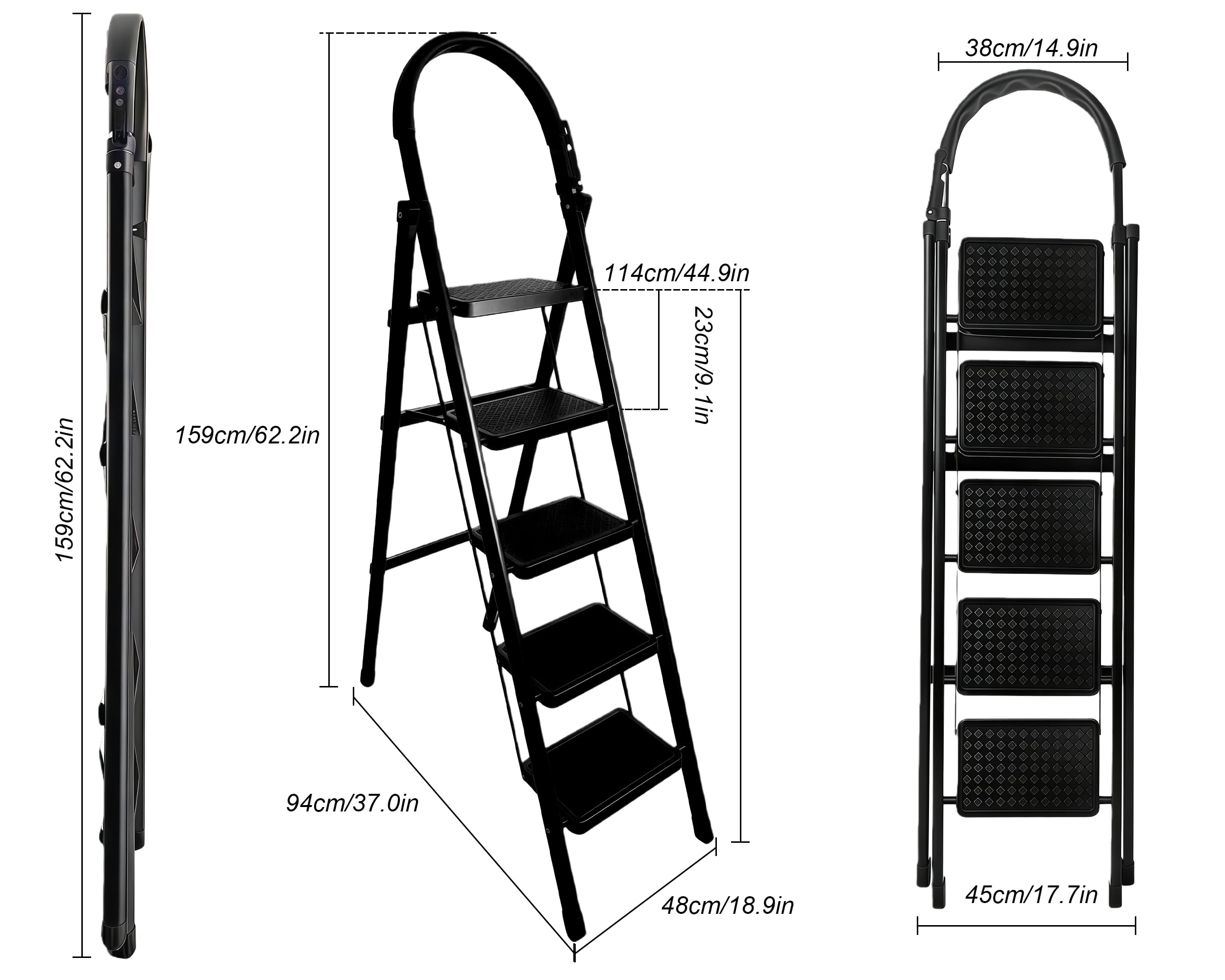 Scala Scaletta 5 Gradini in Acciaio Al Carbonio,Scala 5 Gradini con di blocco di sicurezza,Scaletta Pieghevole Ampia pedana antiscivolo,per Scaletta Cucina Portata 150 kg,Bianco e NeroNero
