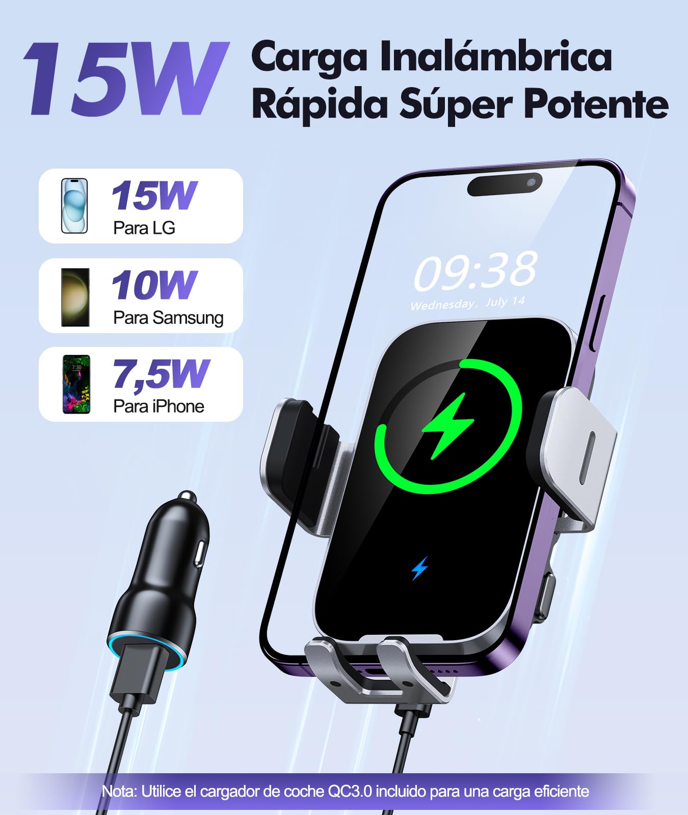 ISEYOU Cargador Inalambrico Coche, [Sujeción Automática] 15W Soporte Movil Cargador Inalámbrico Coche 360° Rotación & QC 3.0 Carga Rápida Compatible con iPhone 17 16 15 Pro MAX, etc