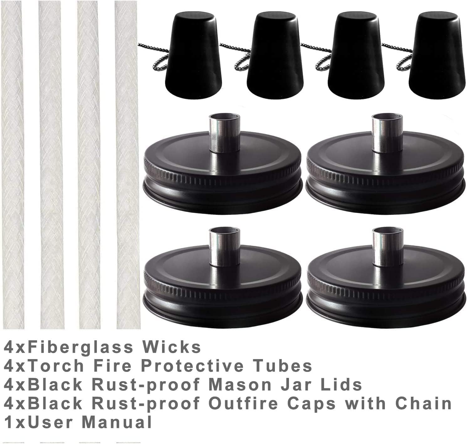 4 Pack Mason Jar Outdoor Tabletop Torch Kit Set, Fiberglass Wicks,Stainless Steel Lid with Outfire Cover Caps,6-inch High,for Patio Garden Party Table Decor Torch Lights (Black)