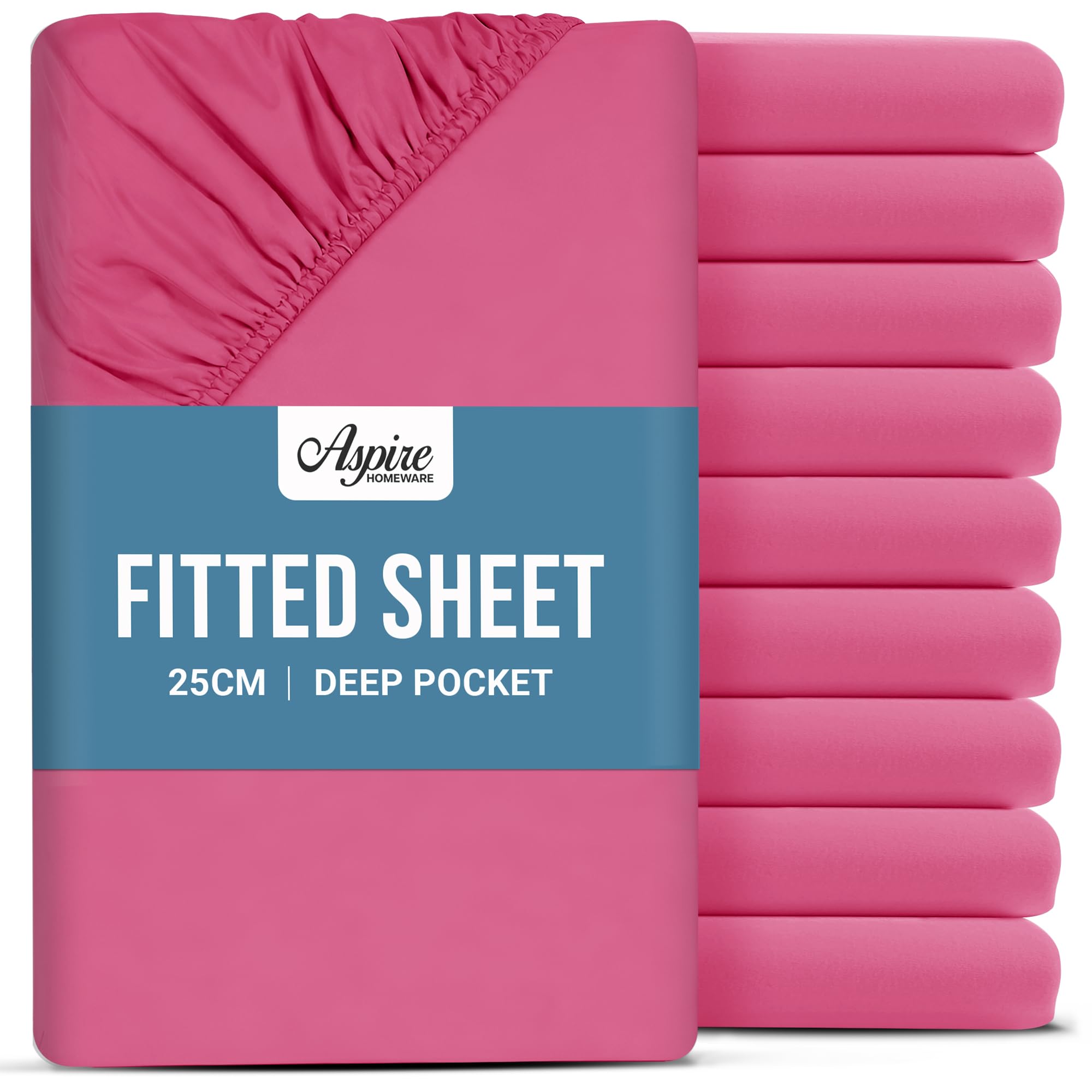 Aspire Homeware Double Fitted Sheet 10 Pack - 25 cm Deep Hotel Quality (Pink) Bed Sheets - Soft & Breathable Fitted Bed Sheets Double - Anti-Wrinkle Easy Care Fitted Sheets