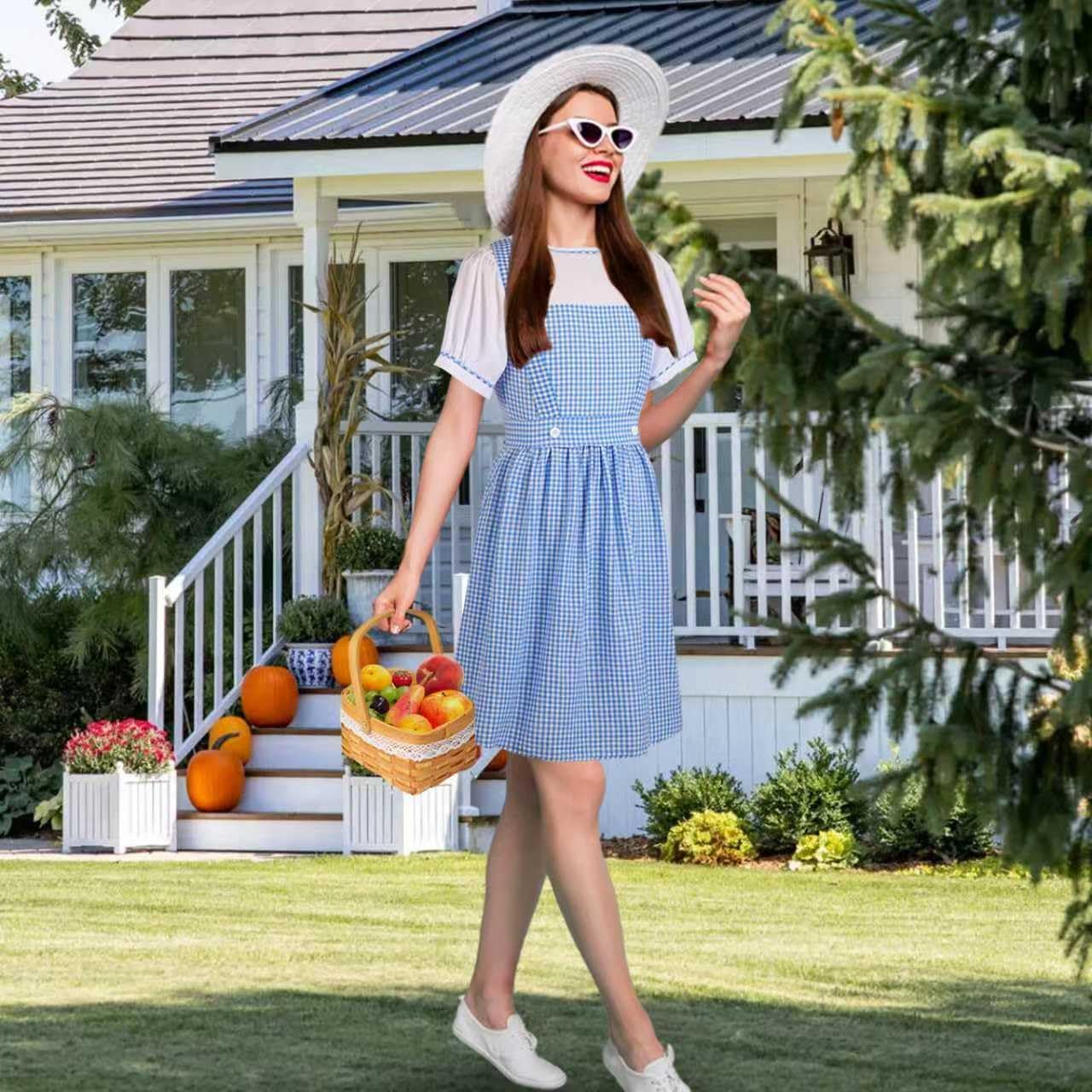 5 Pcs Halloween Women Blue Gingham Dress Accessories Set Book Character Outfits Comic Con Cosplay Costumes for Adults