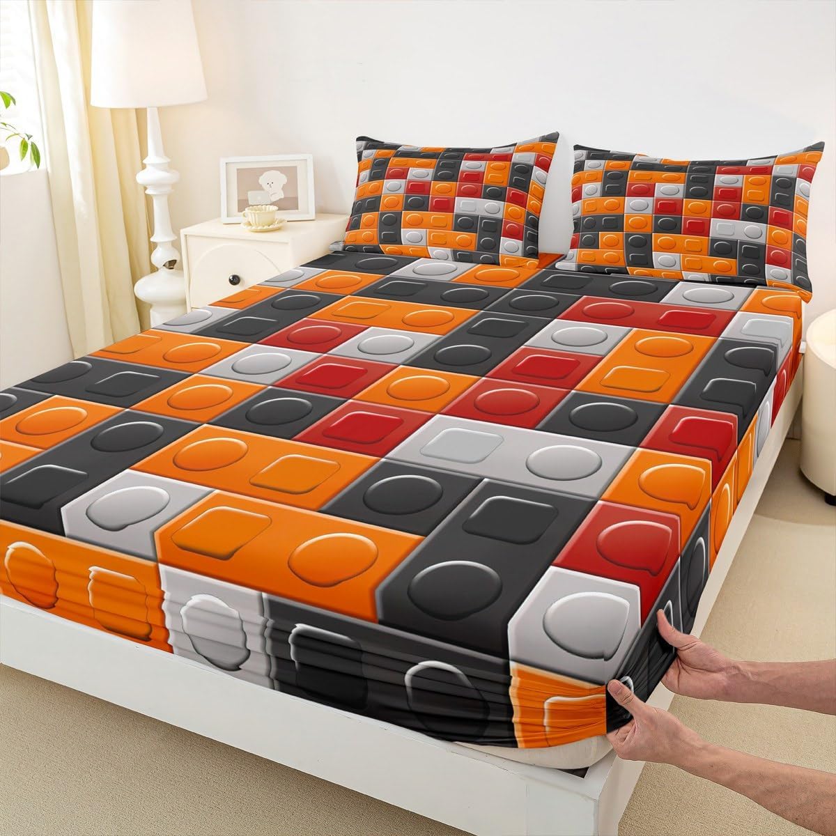 Feelyou Building Blocks Bed Sheet Set Toy Brick Fitted Sheet for Kids Boys Girls Teens Room Decor Toddler Gaming Bedding Set Queen Size Orange Black Grey Bed Cover 3Pcs