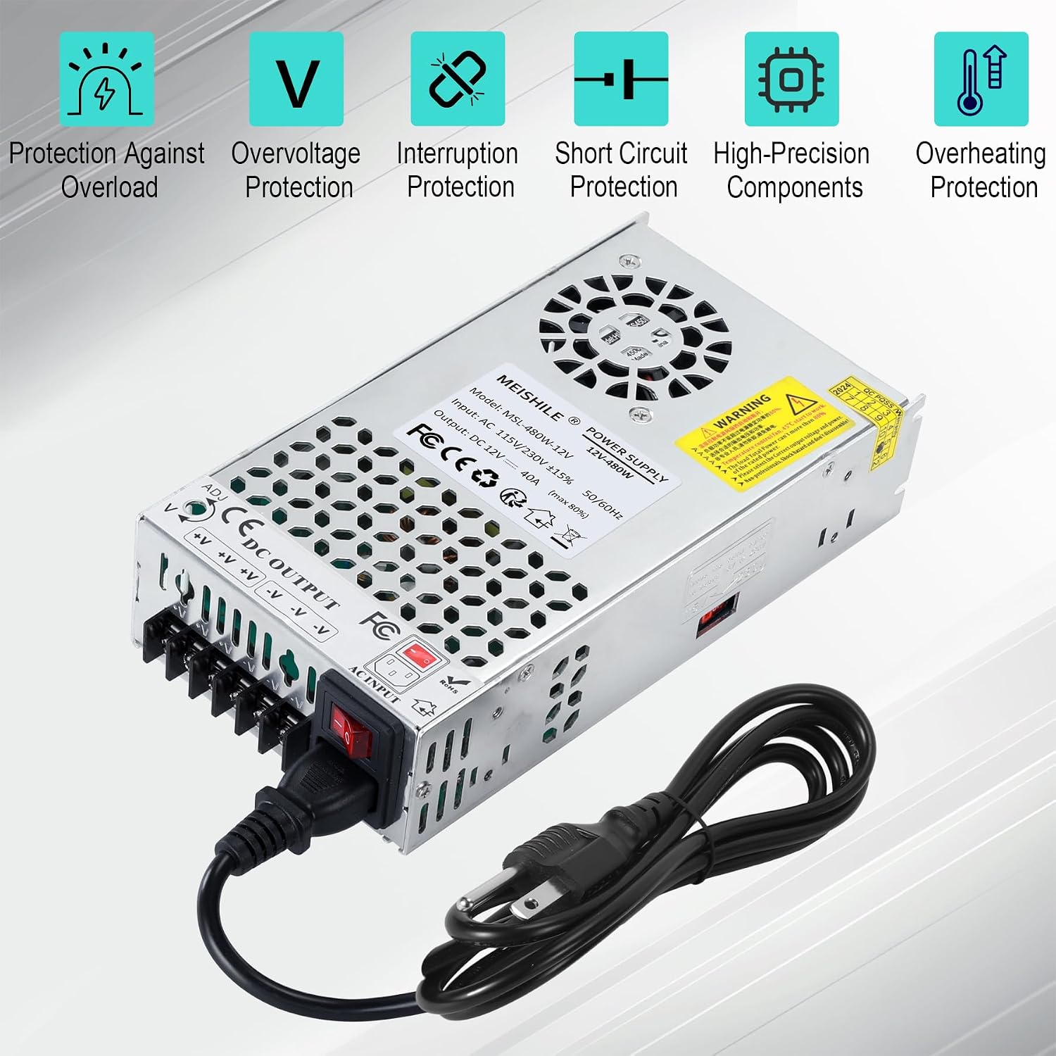 MEISHILE 12V 40A 480W Switching Power Supply Adapter AC to DC Transformer Converter for LED Driver Strip Light Lamp, Machine, 120V 110V to 12Volt 5A 10A 15A 20A 25A 30Amp