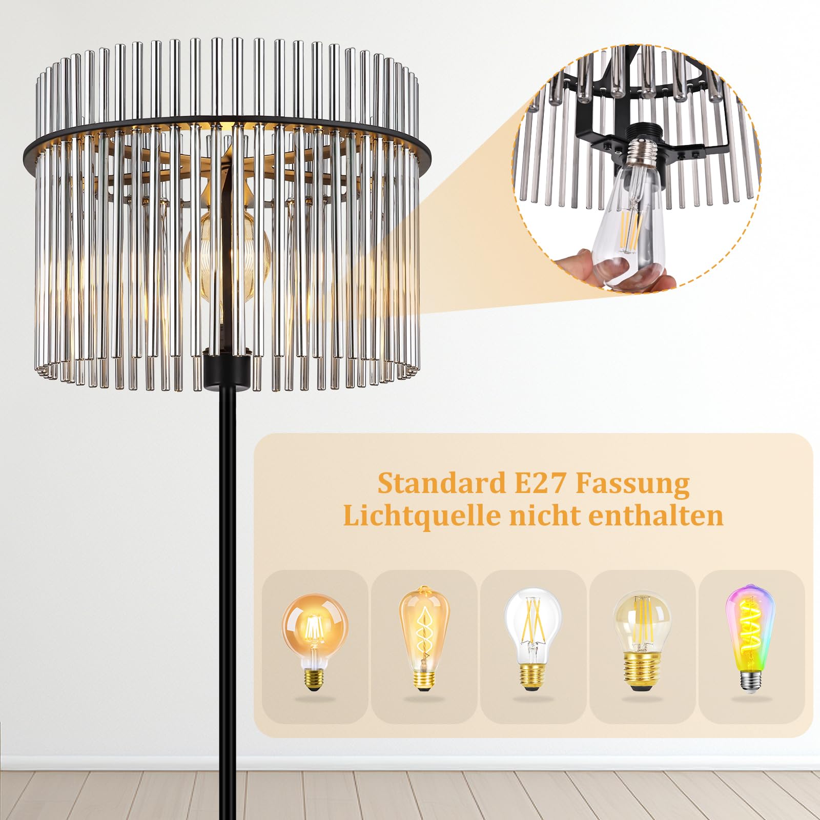 Stehlampe Schwarz Stehleuchte Glas Standleuchte Wohnzimmer E27 | mit Fußtaster Leselampe Modern Wohnzimmerlampe Stehend für Schlafzimmer Kinderzimmer Büros(Ohne Leuchtmittel)