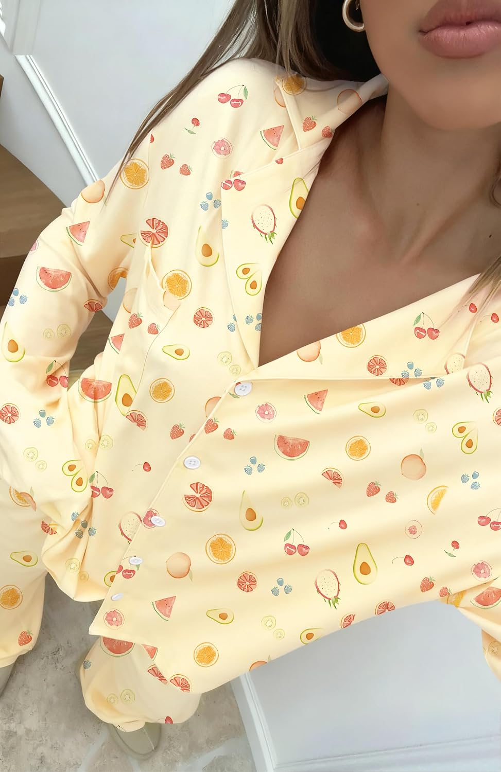 Dressmine Ladies Long Sleeve Cute Pajama Sets 2 Piece Fall Outfits Button Up Pjs Set Loungewear