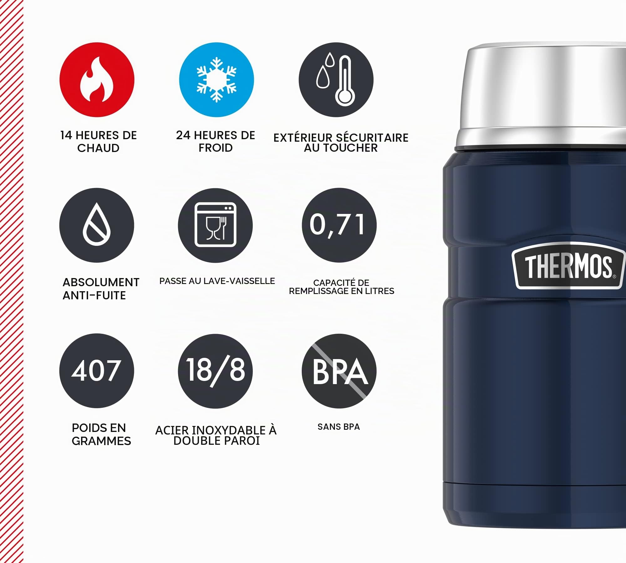 Thermos Stainless King Récipient alimentaire isotherme en acier inoxydable, bleu nuit, 0,71 Liter