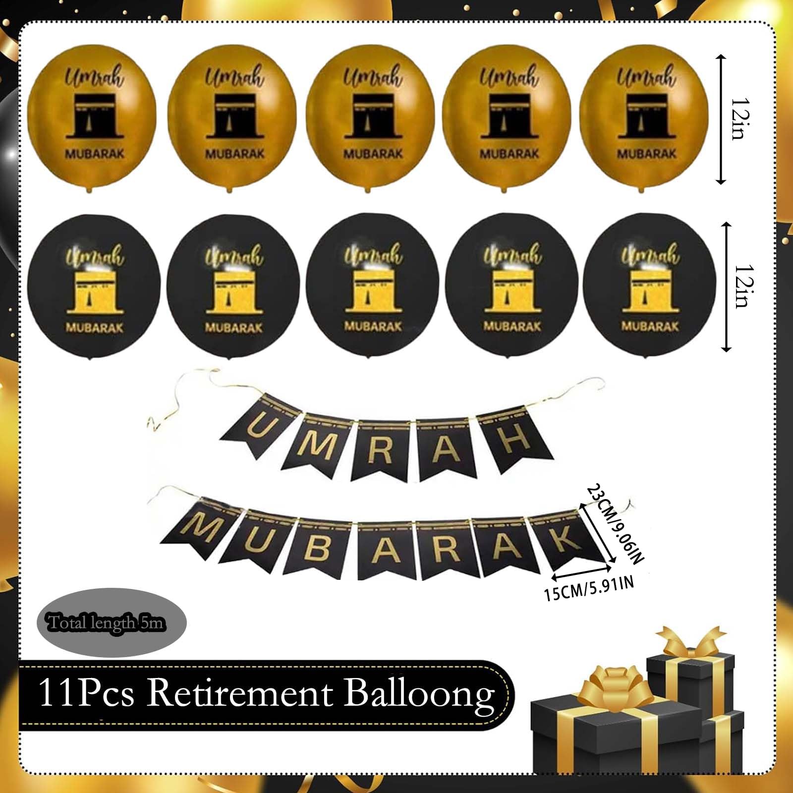 11PCS Umrah Mubarak Decoration Banner - Graduation Party With Black Gold White Balloons, Black, Gold - Image 2