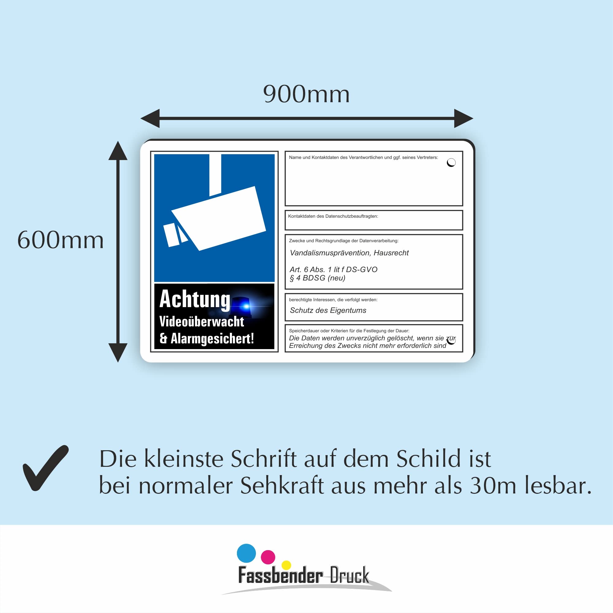 VIDEOÜBERWACHT DSGVO (BDSG) konform vorgebohrtes Schild zum Markieren eines videoüberwachten Bereiches - Videoüberwachungsschild mit Bohrlöchern - (90x60cm SCHILD)