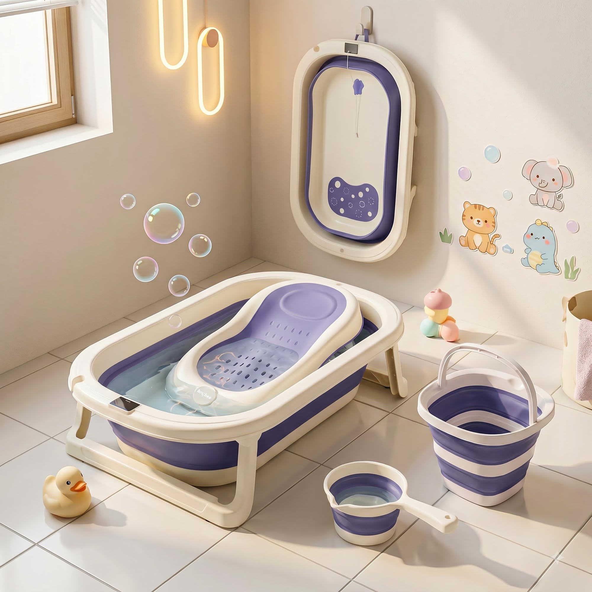 Baybee Aquabee Baby Bath Tub Set for Kids | Portable Bathing Tub with Temperature Sensing | Foldable Bucket & Mug | Bath Seat Chair | Multi-Purpose Bathtub for Baby Bather for 0 to 5 Years (Blue)-image-0