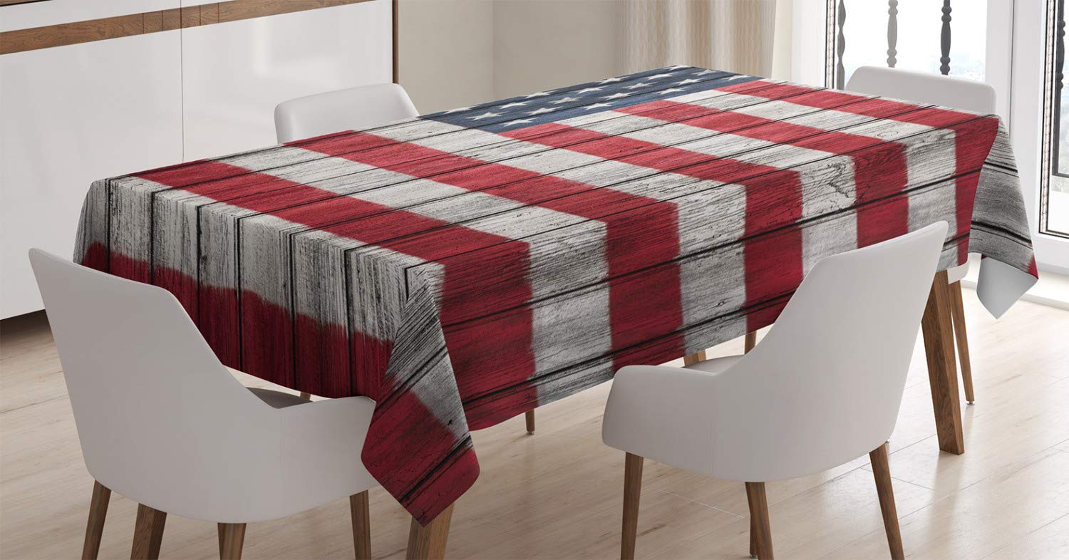 ABAKUHAUS Stati Uniti d'America Tovaglia, Quarto di luglio Indipendenza, Rettangolare per Sala da Pranzo e Cucina, 140 cm x 170 cm, Bianco Blu Scuro Rosso