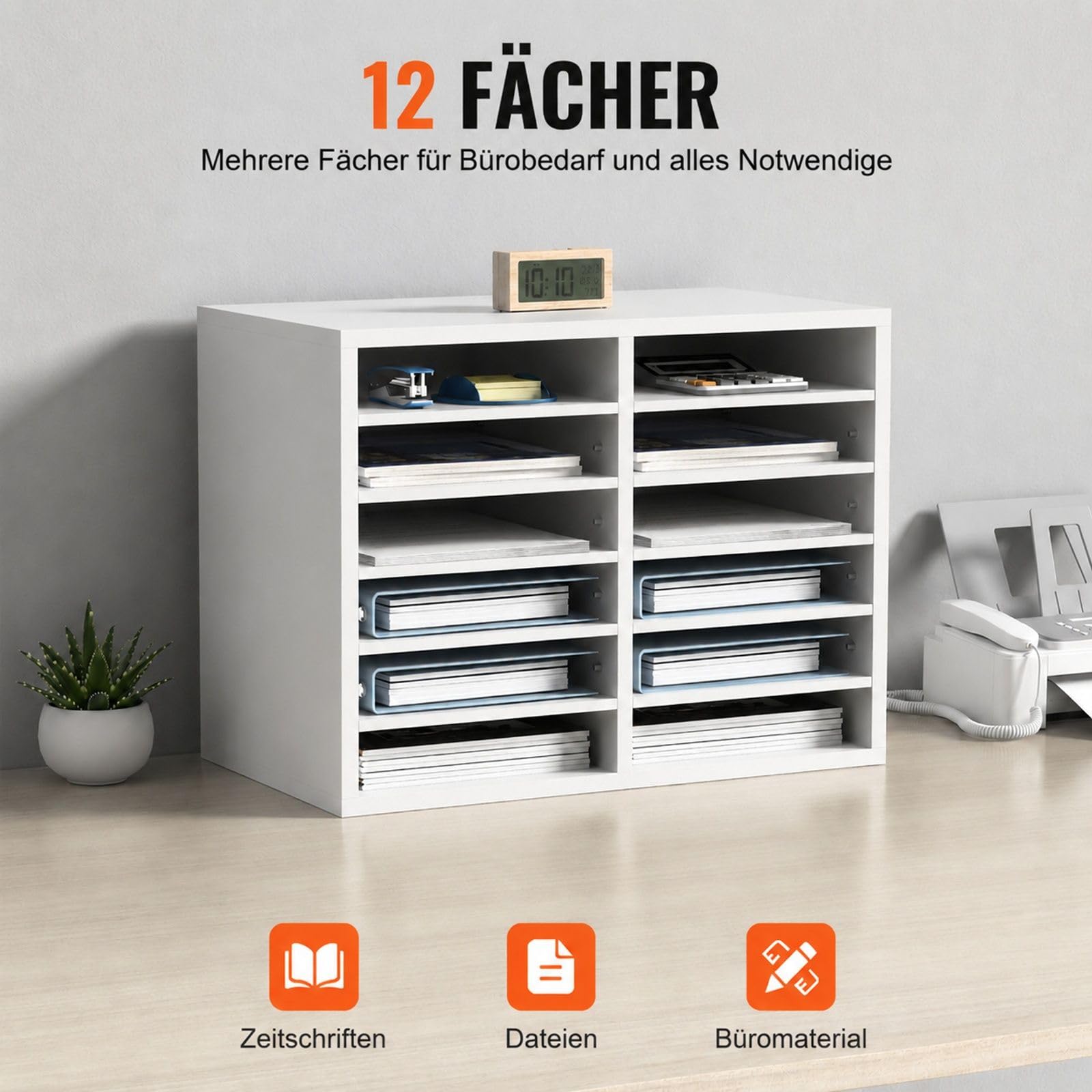 Weißer Schreibtisch-Organizer aus Holz mit 12 Fächern, Dokumentenablage mit herausnehmbarem Einlegeboden für Post, Akten und Magazine