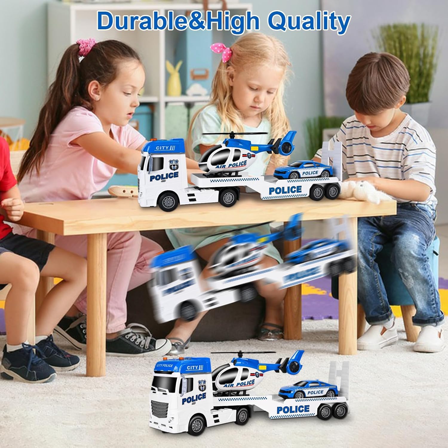 Camion Police Dépanneuse Jouet, Son et Lumière Voiture Enfant, 3 in 1 Grand Jouet de Camion Véhicules, Véhicule de Transport, Cadeau pour Garçons Fille 1 2 3 4 5 6 Ans