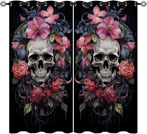 Cortinas opacas con diseño de calavera para decoración del hogar, flores artísticas de ensueño en acuarela colorida, con ojales y aislamiento