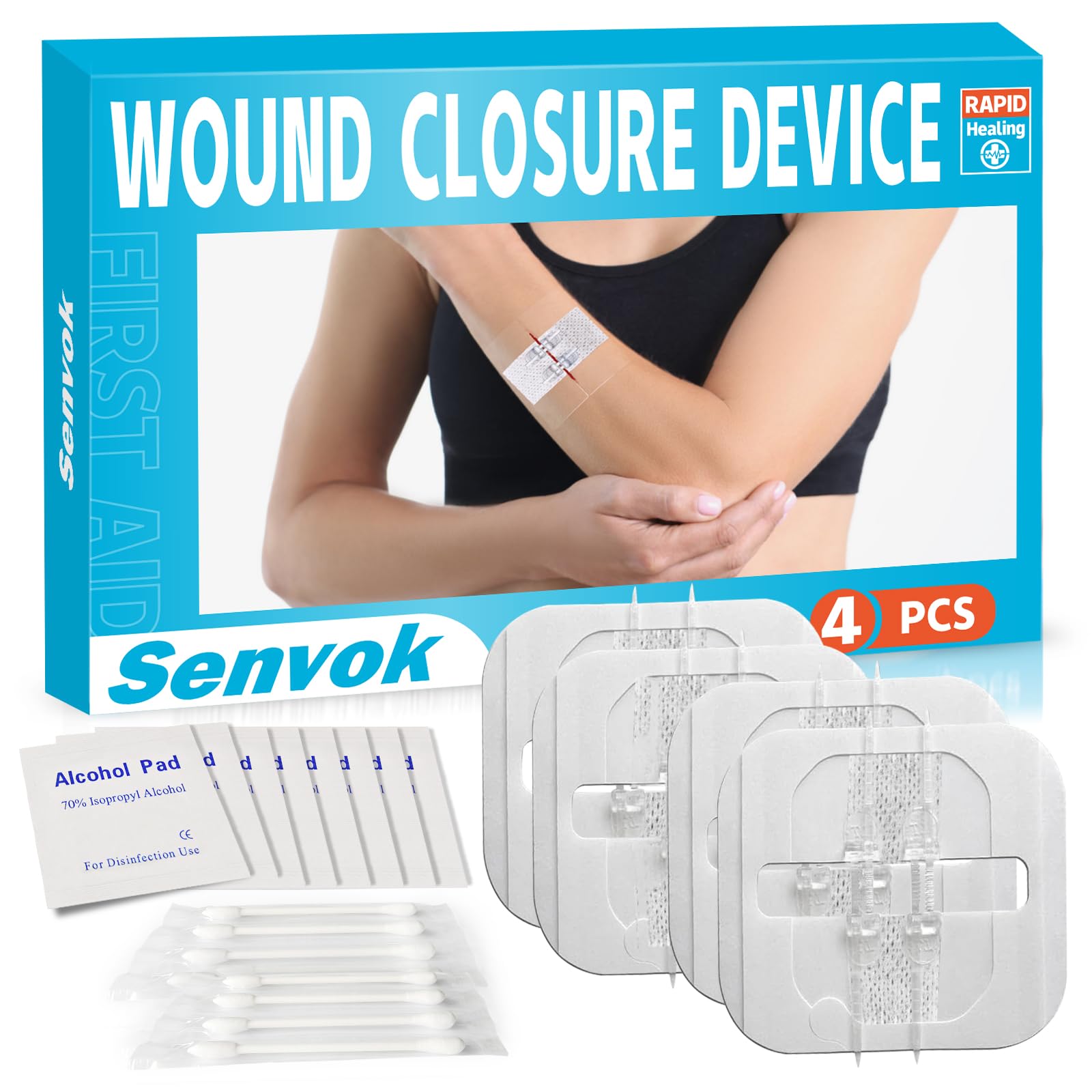 Senvok Emergency Wound Closure Device 4 Pcs - Upgraded Zip Stitch Wound Closure Strips - Butterfly Bandages Laceration Closure Strips for Quick,