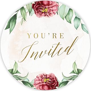 Mobiusea Creation Red Floral Watercolor Wedding Invitation Stickers | 1.4 inch | Gold Foil | 108pcs Waterproof Wedding Envelope Stickers for Wedding, Bridal Shower, Birthday, Baby Shower and Party