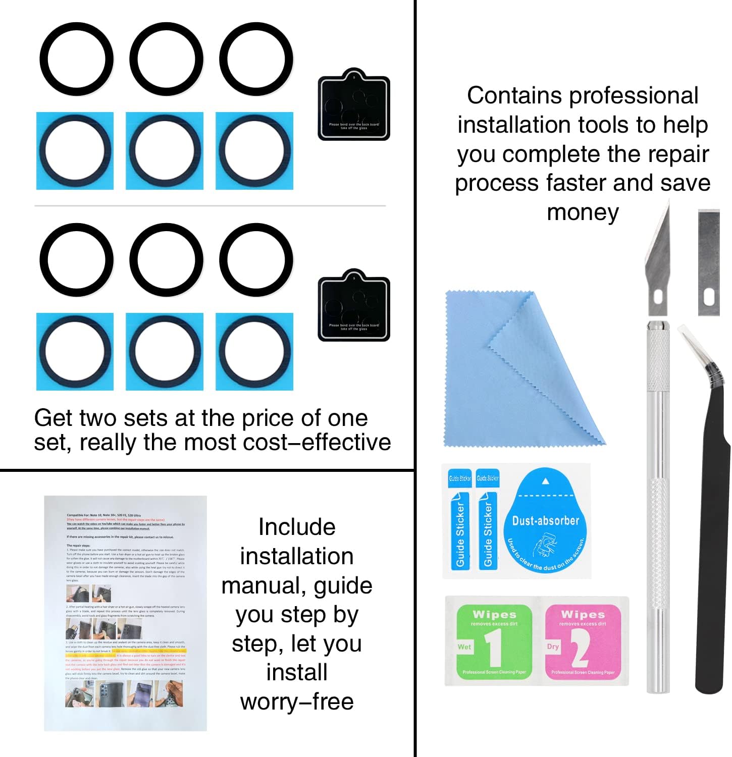 2PCS ASDAWN for Galaxy S22 Ultra Back Rear Camera Lens Glass Replacement for S22 Ultra 6.8 Inches Back Glass Camera Lens Repair kit,with Free Lens Film + Installation Manual + Repair Tool Set