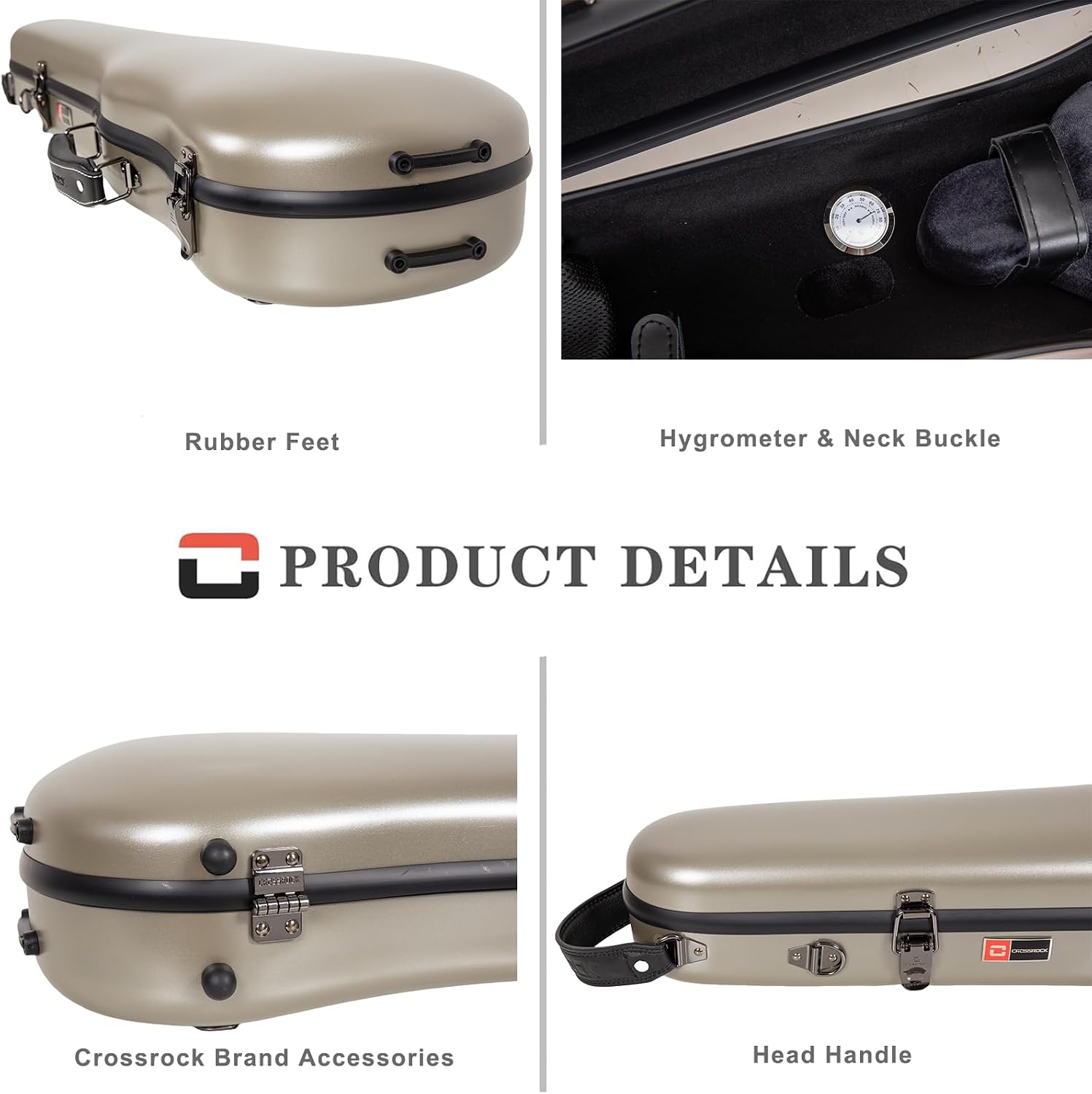 Crossrock Poly Carbon Shaped Violin Case for 4/4 Full-Size | Matte Champagne Finish, Hygrometer, Accessory Storage, Protective Blanket – Lightweight Hard Shell image 5