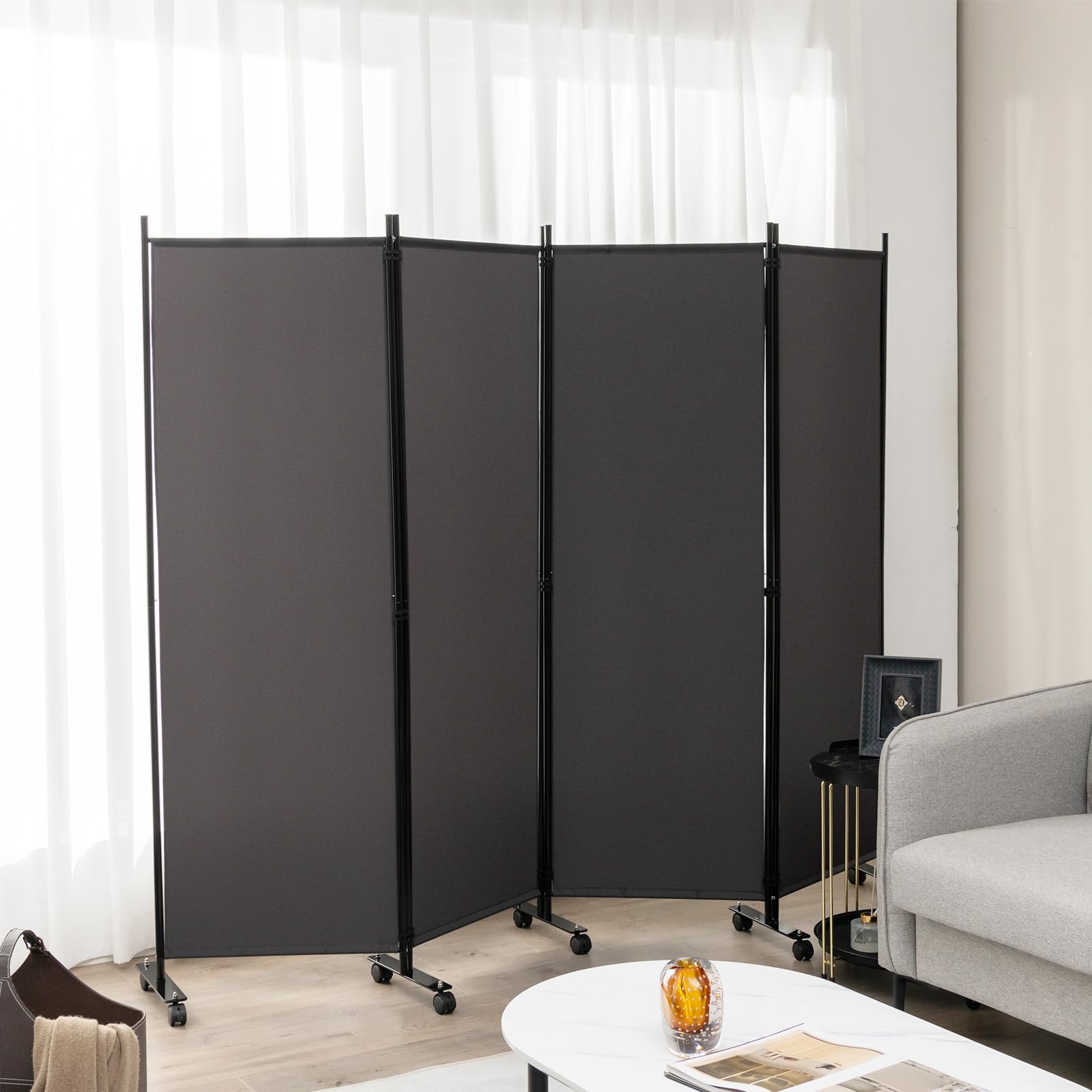 LIFEZEAL Biombo Plegable de 4 Paneles Gris con Estructura Metálica (Gris) | Separador de Espacios para Interior y Exterior con 10 Ruedas, Pared Tabique y Protección de la Intimidad