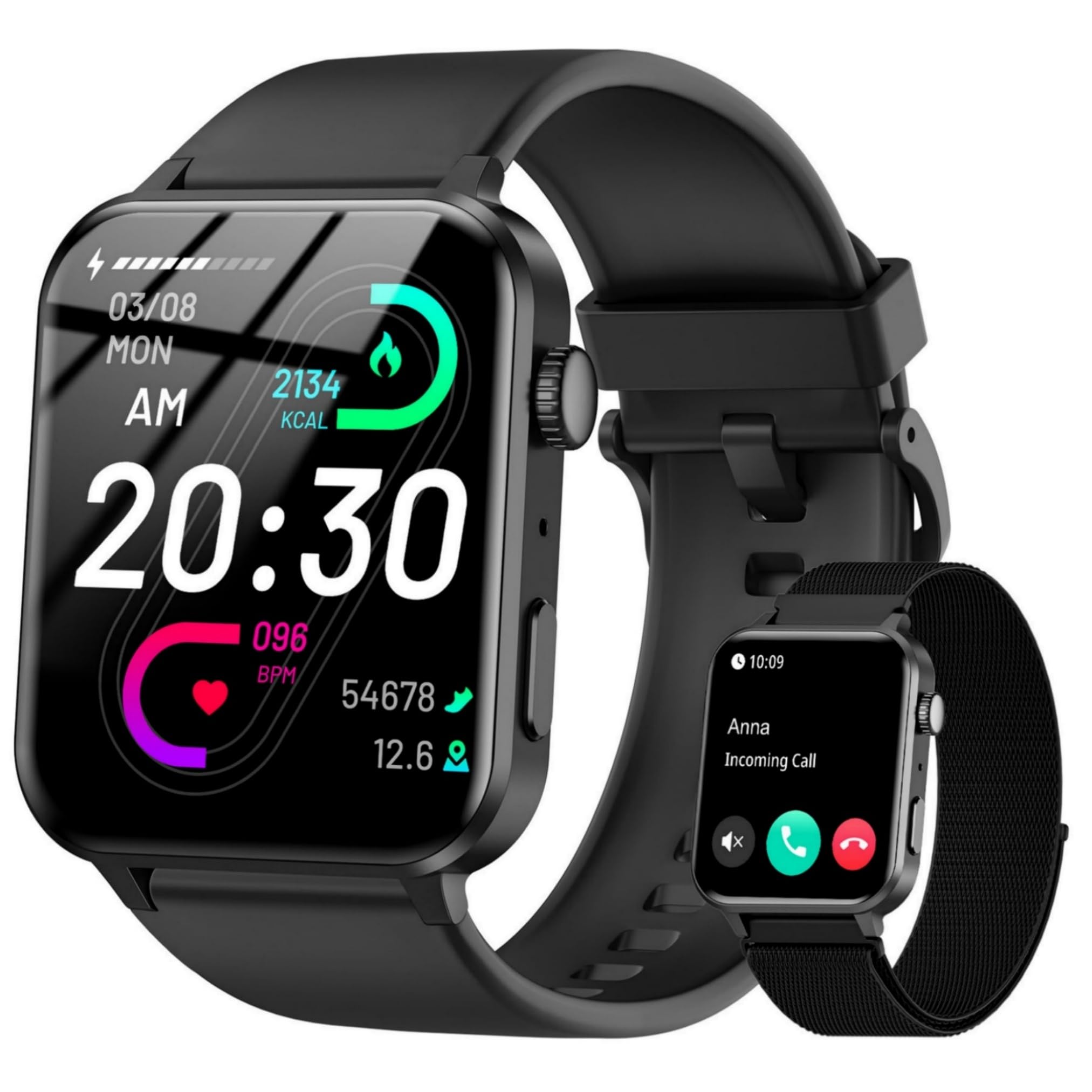 IOWODO Reloj Inteligente Hombre y Mujer, Smartwatch con 2 Correas, 1.85" Reloj Deporte con Función Llamadas y WhatsApp Mensajes Bluetooth, 100 Modos Deporte para iOS Android Teléfono (Negro) Carbonfree Certified The Forest Stewardship Council