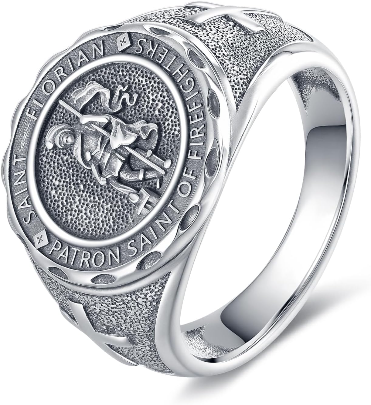 St Christopher/Saint Florian Ring For Men 925 Sterling Silver Personalized Customization Rings Religious Catholic Cross Ring for Women Protection Jewelry for Men size 8-14