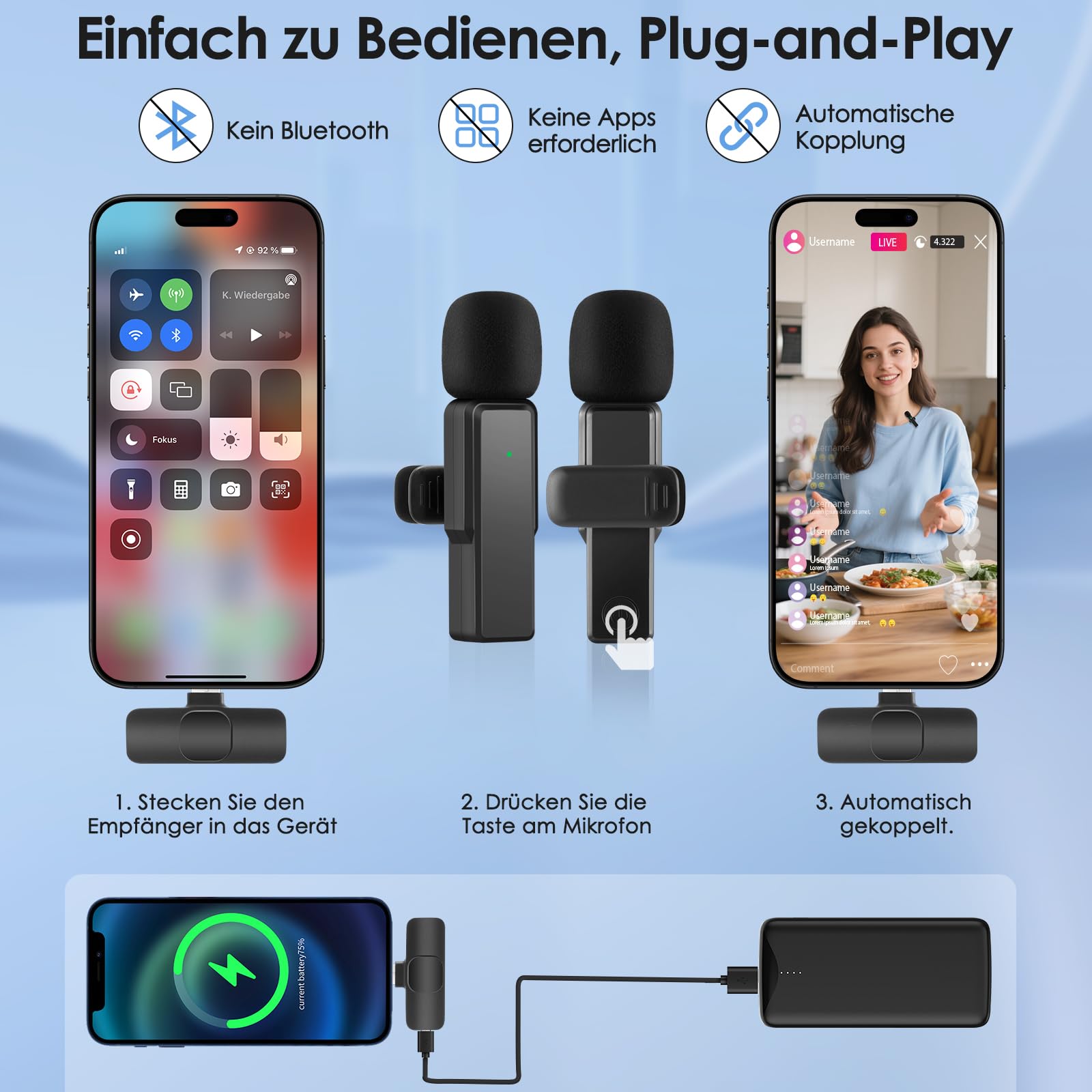 Kabelloses-Mikrofon-Handy for iPhone/Android/Computer PC Mini-Mikrofon Wireless Lavalier Microphone Kabellos Ansteckmikrofon Klein für Streaming, Videoaufnahmen, Interviews, YouTube, TikTok, Vlog