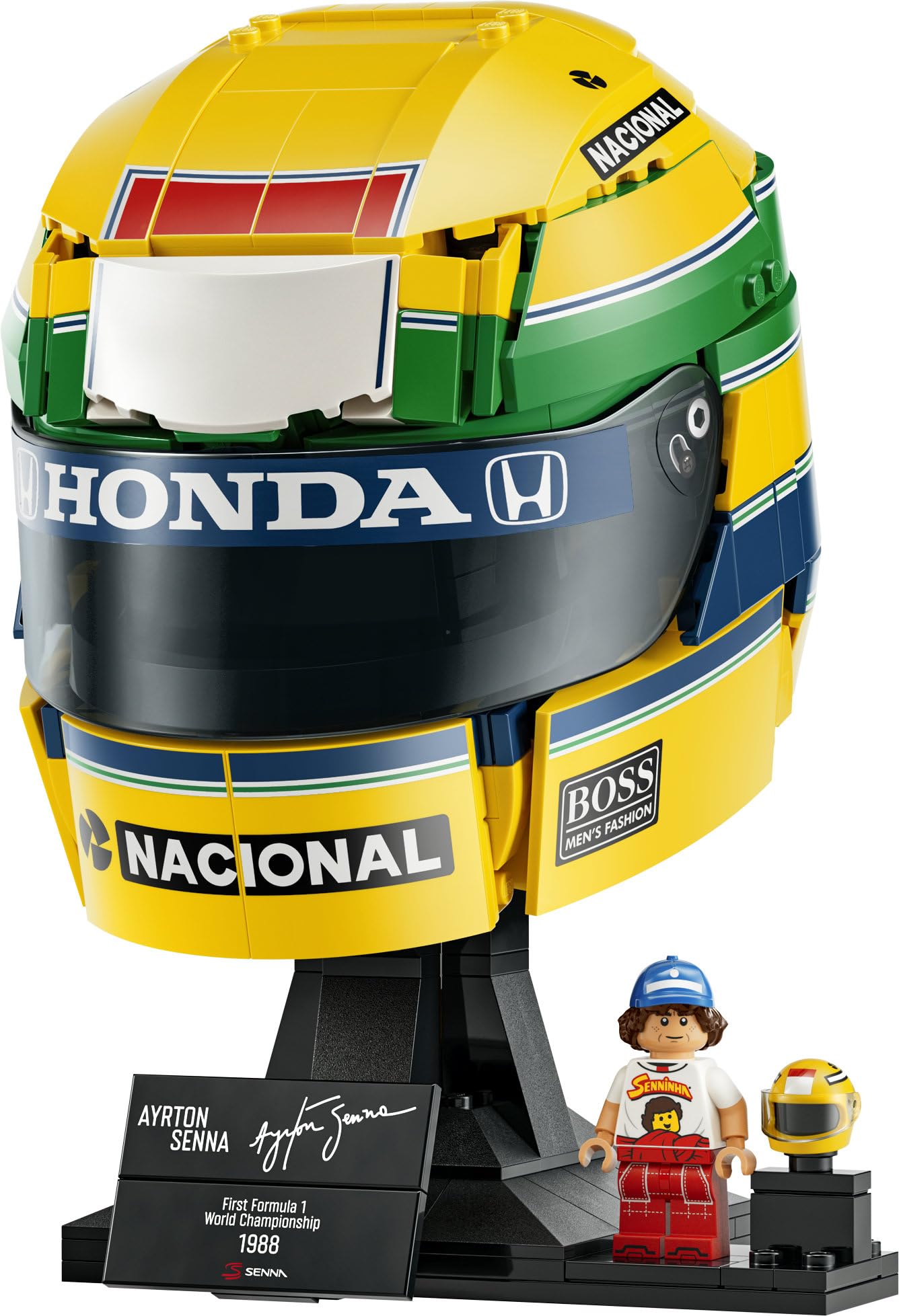 LEGO Editions Casco Ayrton Senna - Merch da F1 - Kit di Modellismo da Esposizione con Minifigure da Collezione - Regalo per Ragazzi da 14 Anni in su e per Adulti Appassionati di Automobilismo - 43024