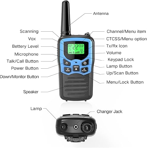 Vista 5 de MOICO - Walkie talkies de largo alcance para adultos, radios bidireccionales c/22 canales, escaneo FRS VOX, pantalla LCD, linterna LED