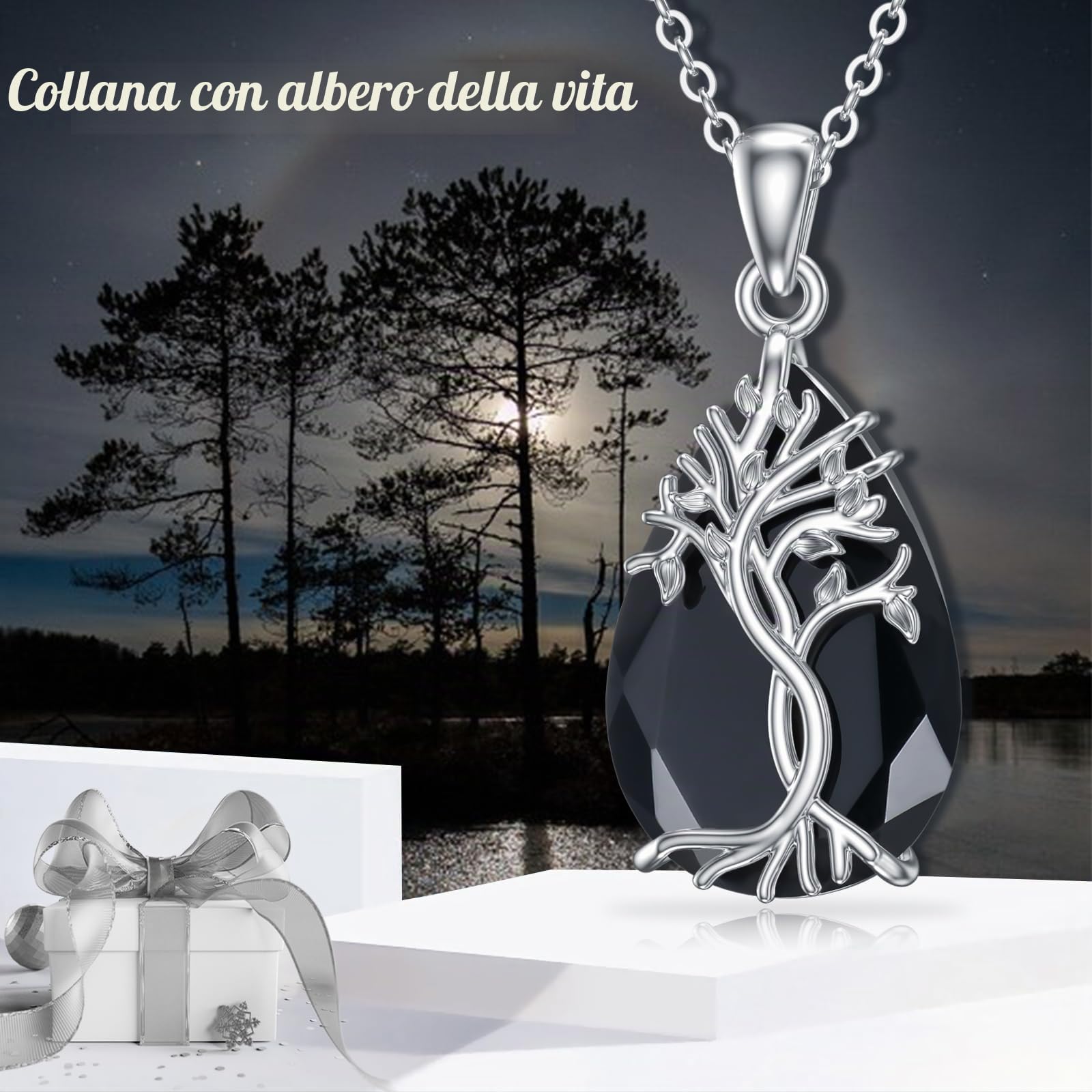 YFN Collana con albero della vita, in argento Sterling con tormalina nera, ciondolo celtico, albero della vita, regalo per donne, adolescenti, ragazze, compleanno, 30*18mm, Argento sterling, Zirconia