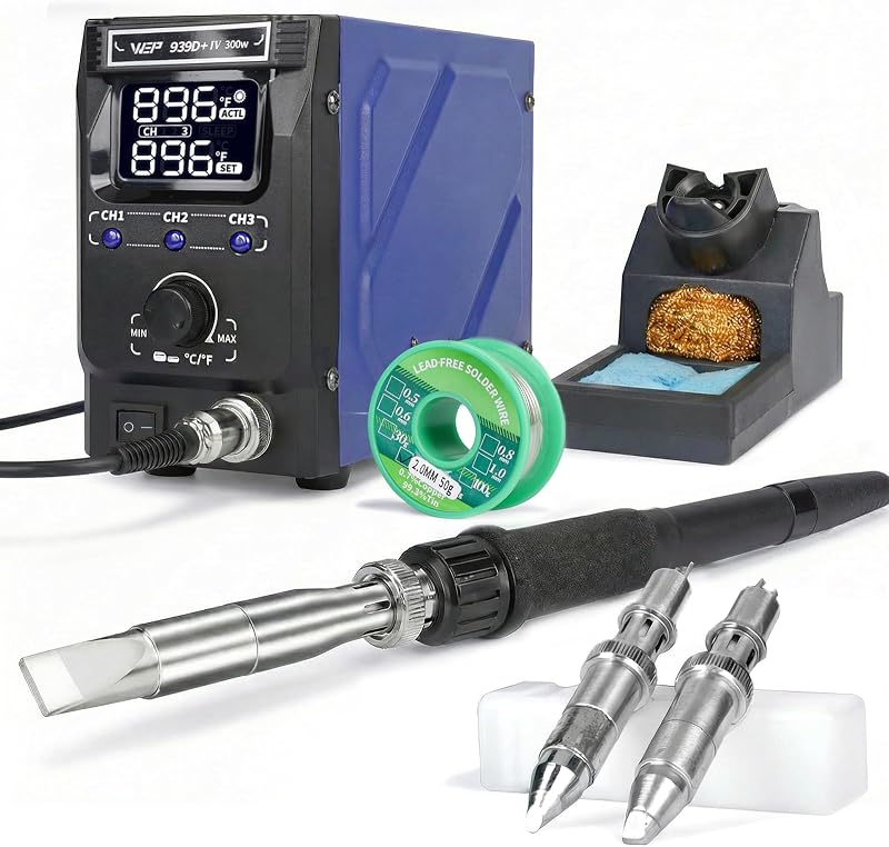 WEP 939D+IV 300W Heavy Duty Soldering Iron for Stained Glass, Larger Electronic Projects, PID Temp. Controlled LED Solder Station with 3 Quick Change Tips, Detachable Handpiece, 3 Pre-set Channels