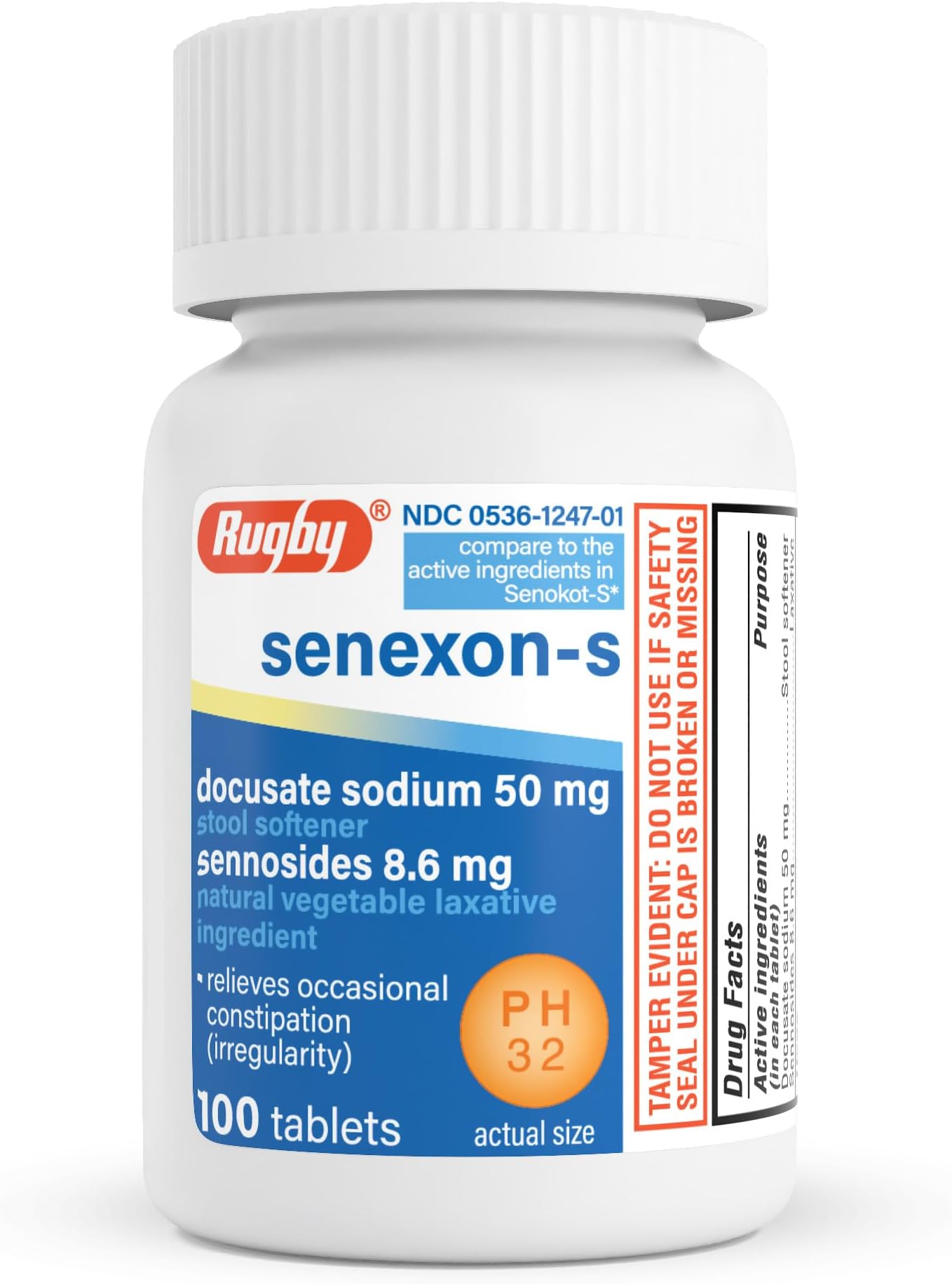 Rugby Senexon-S, Docusate Sodium 50mg, Sennosides 8.6mg, 100 Count (1-Pack) | Natural Vegetable Laxative Tablets, Stool Softener and Occasional Constipation Relief, Produces Bowel Movement in 6-12 Hours