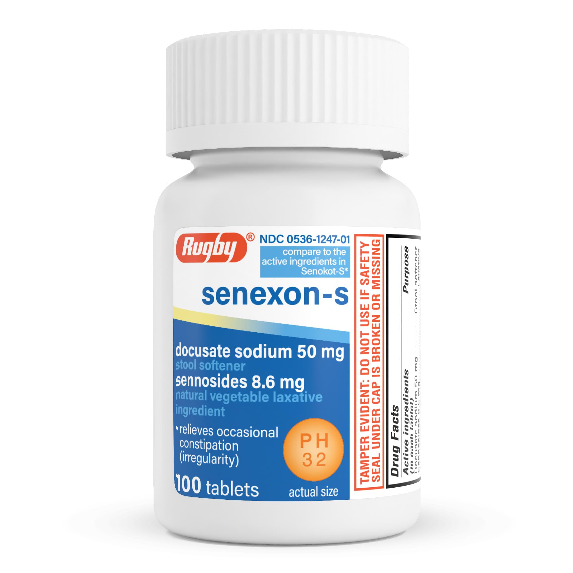 Rugby Senexon-S, Docusate Sodium 50mg, Sennosides 8.6mg, 100 Count (1-Pack)