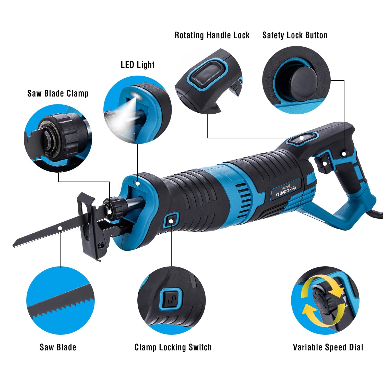 KATSU Tools Sierra alternativa de 900 W, carrera de 22 mm, 2800 rpm, velocidad variable, cambio de hoja sin herramientas, sierra de sable eléctrica con cable para cortar madera, metal y PVC