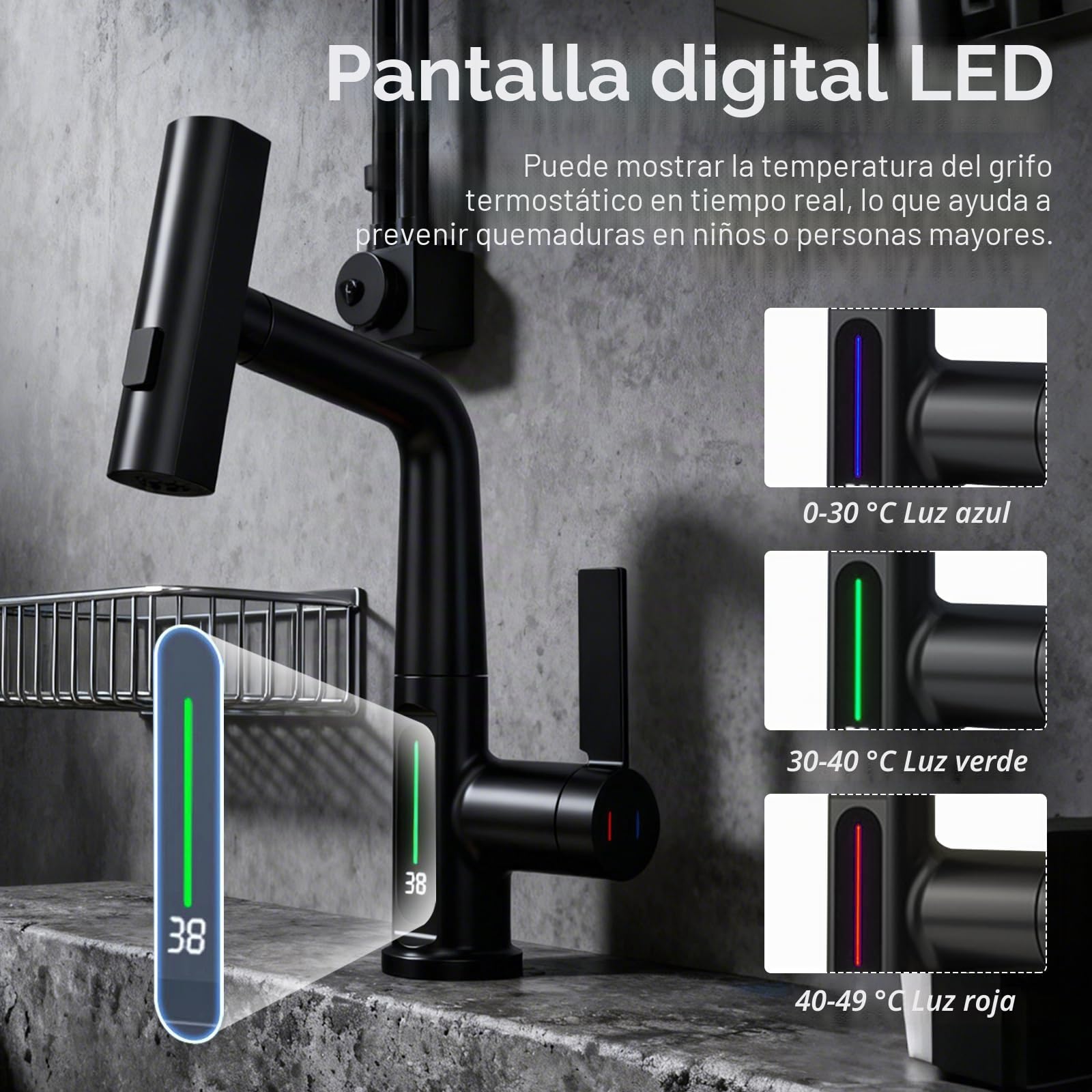 Grifo Cocina Extraible, Grifo de Baño con LED de Temperatura Grifos de Cocina Fregadero con 3 Modos de Flujo de Agua Orientable de 360° grifo de cascada de baño Negro Altura Ajustable