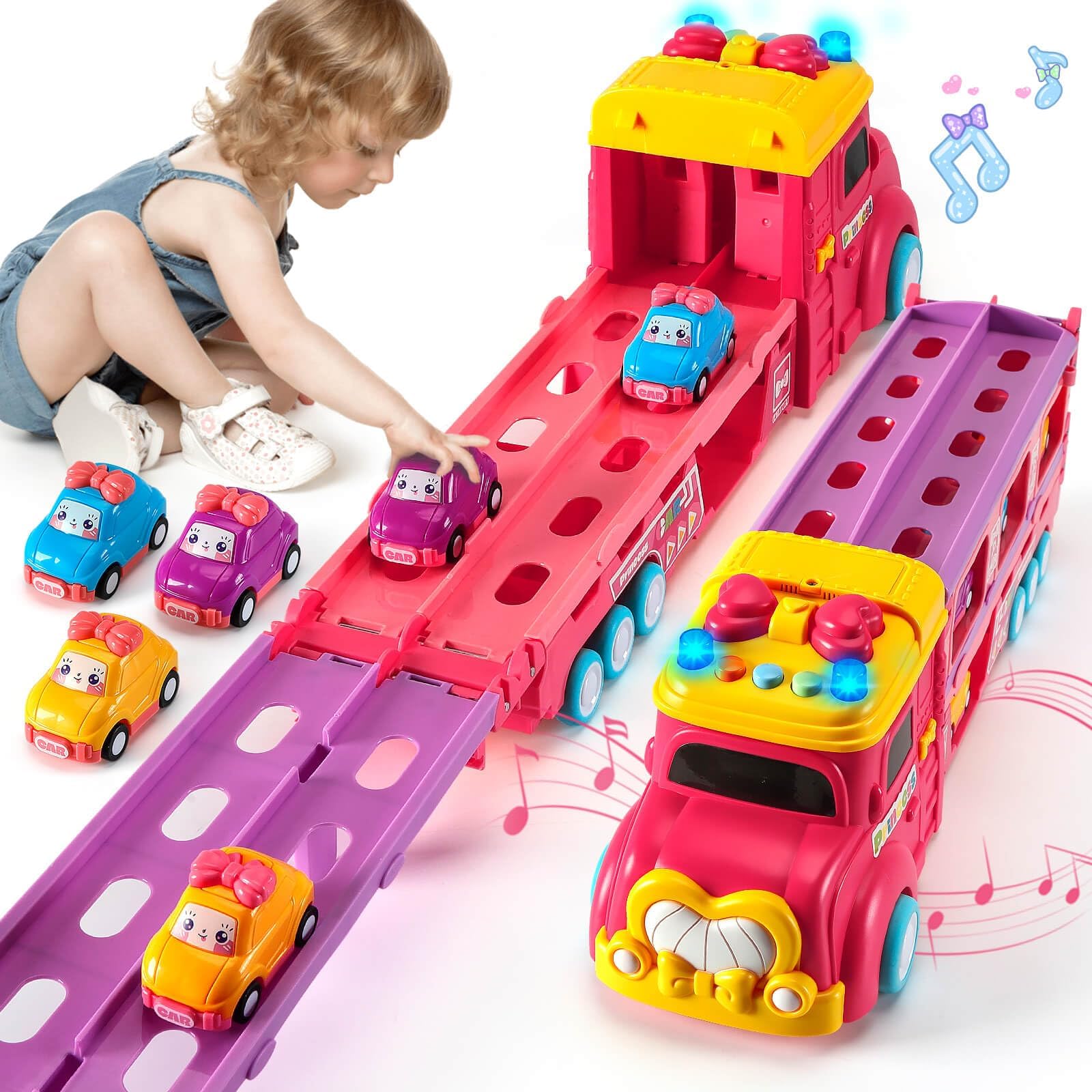 WinsticoPink Princess Race Track Transport Truck Toy for 3 Year Old Girls: 117CM Car Carrier with Lights & Music for 3-6 Year Old Kids
