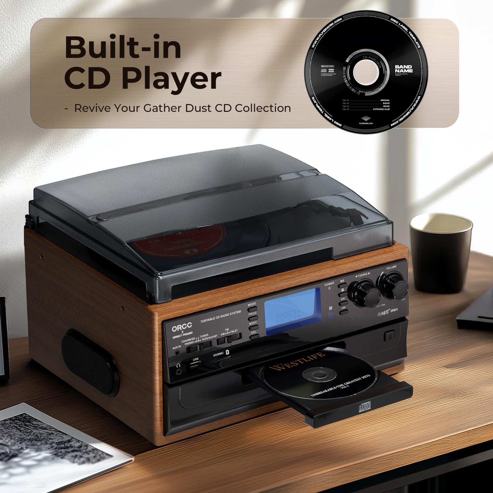 ORCC Giradischi 10 in 1, con carta regalo, giradischi in vinile per 33/45/78 giri/min, riproduzione e registrazione CD/USB/SD, Bluetooth e telecomando, radio FM/AM per gli amanti della musica, marrone