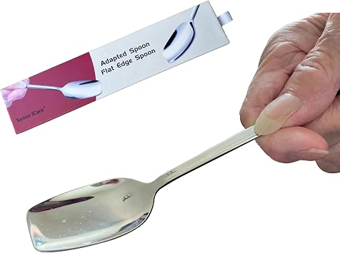 Adaptive Utensils for Elderly, Parkinsons Flat Edge Spoon Set, Non-Weighted | Handicapped Disabled Stroke Weak Grip Limited Dexterity Independent Discreet Wrist Post Surgery Nursing Home Rehabilitation