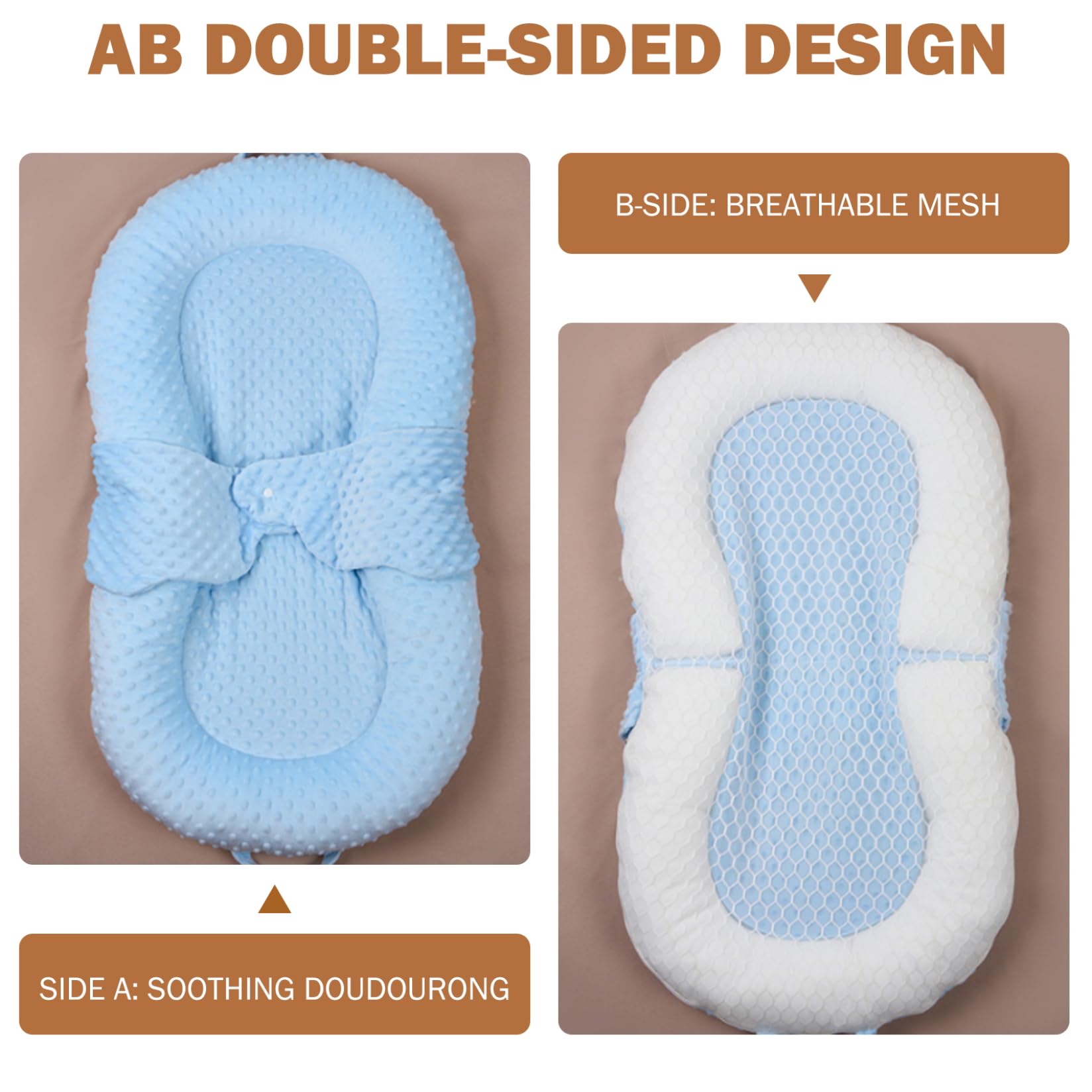 Chaise longue portable pour bébé, douce et confortable, oreiller réversible avec mains réconfortantes, nid de câlin amovible pliable avec poignée pour nouveau-né