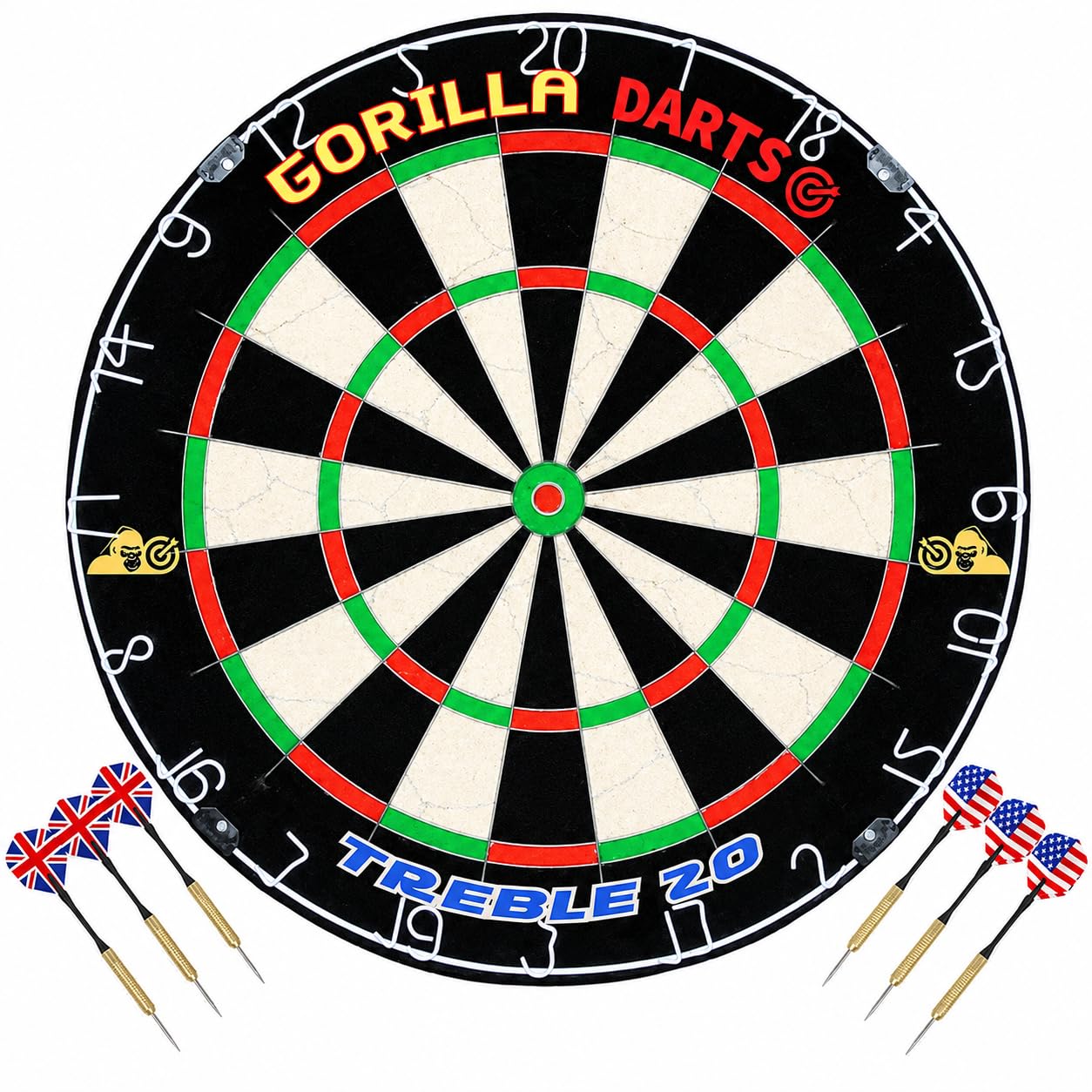 Gorilla Darts Treble 20 Dartboard Tournament Pro Quality Dart Board inc 6pcs Steel Tip Darts 100% Staple Free High Visibility Numbering