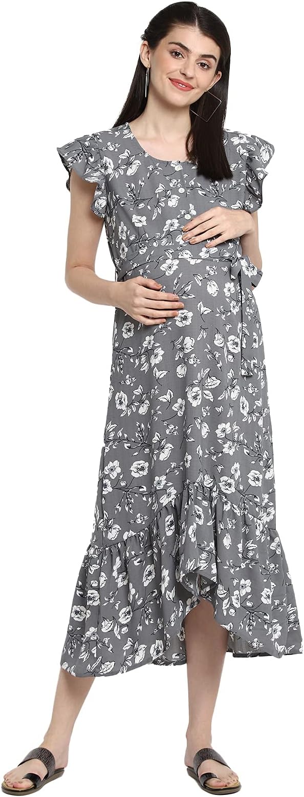 MomstoryWomen Printed High Low Maxi Dress With Feeding Details (Mdrfn502151)