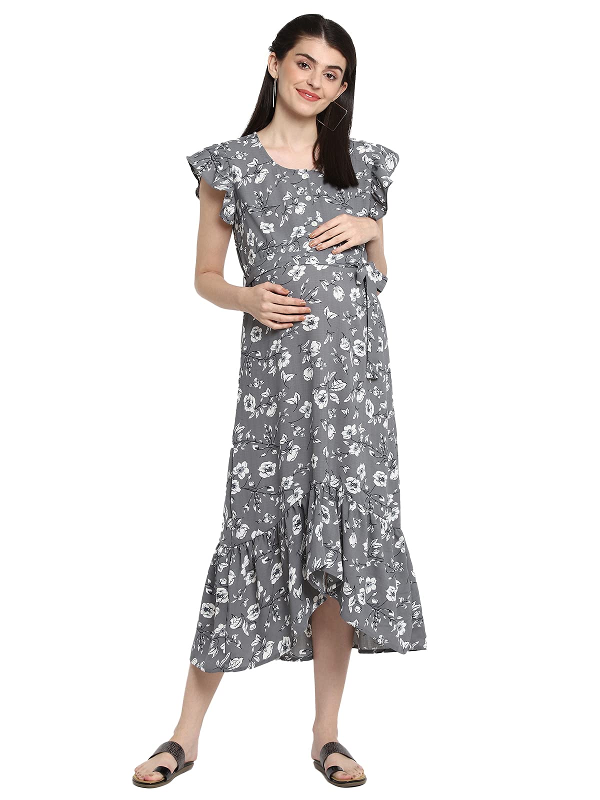 MomstoryWomen Printed High Low Maxi Dress With Feeding Details (Mdrfn502151)