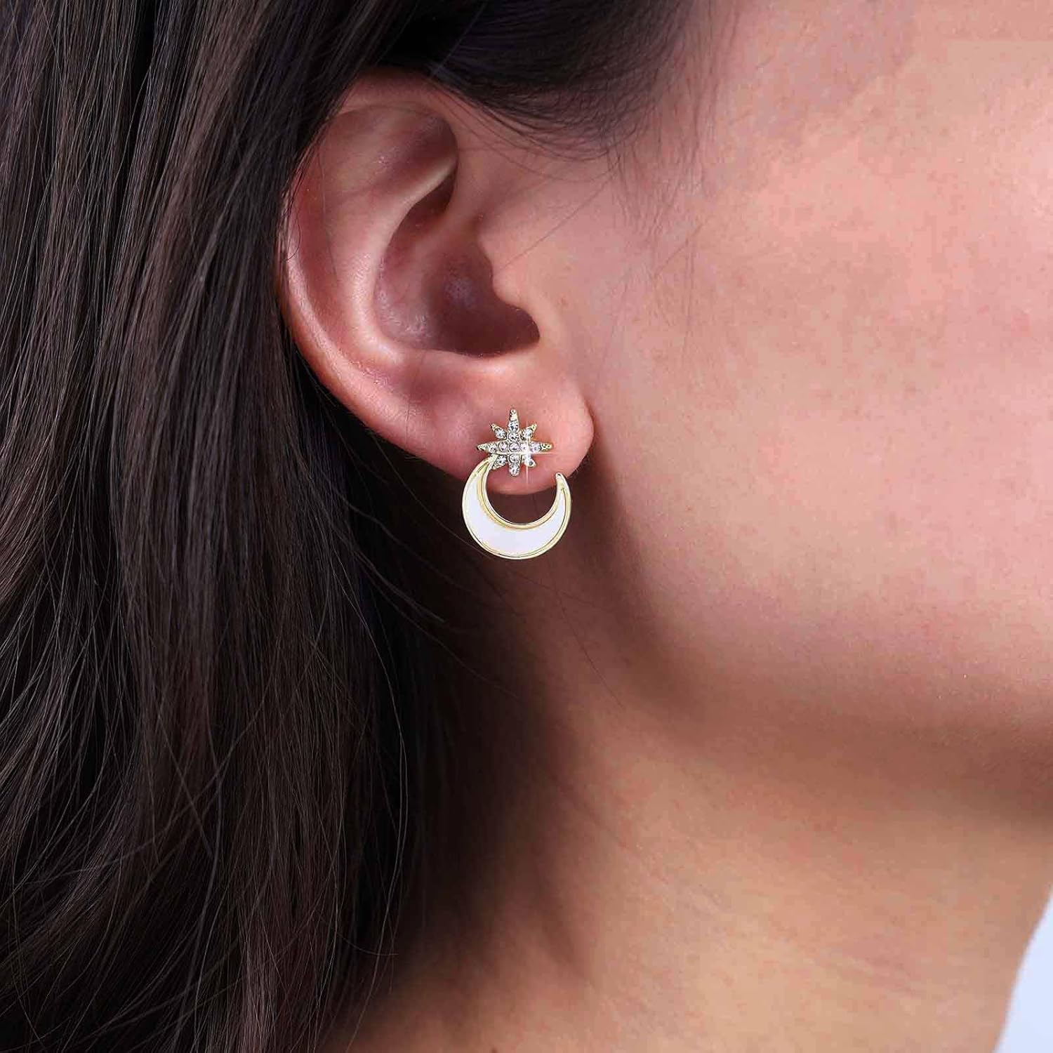 Andelaisi Boho Resin Moon Earrings Vintage Crystal Northstar Earrings Gold CZ Starburst Moon Earrings Personalized Half Moon Stud Earrings Jewelry for Women - Image 2