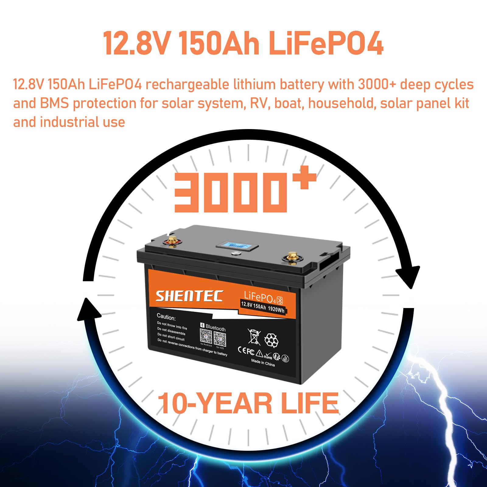 Batterie au lithium LiFePO4 150Ah 12V intégrée 150A,fonction BMS Bluetooth,Max.15000 cycles profonds et 1920W de puissance de sortie,durée de vie de 10 ans,parfait pour camping-car