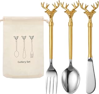 3 Pcs Christmas Cutlery Reindeer Gold,Silver Flatware Set | Stainless Steel Fork Spoon Knife with Storage Bag, Holiday Table Decor for Thanksgiving Dinner, Brass Handle Gift Box