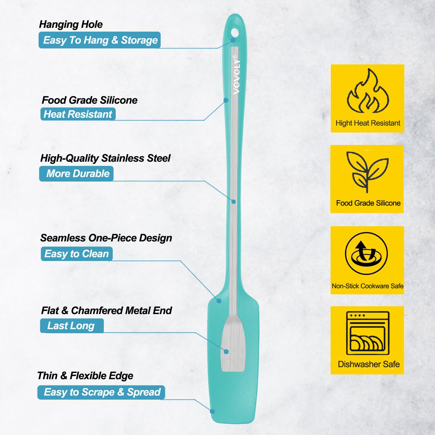 Espátula de silicona Vovoly para tarro de 2 unidades, con mango largo, espátula de goma pequeña resistente al calor de 600ºF, diseño sin costuras, base de acero inoxidable, sin BPA, verde azulado
