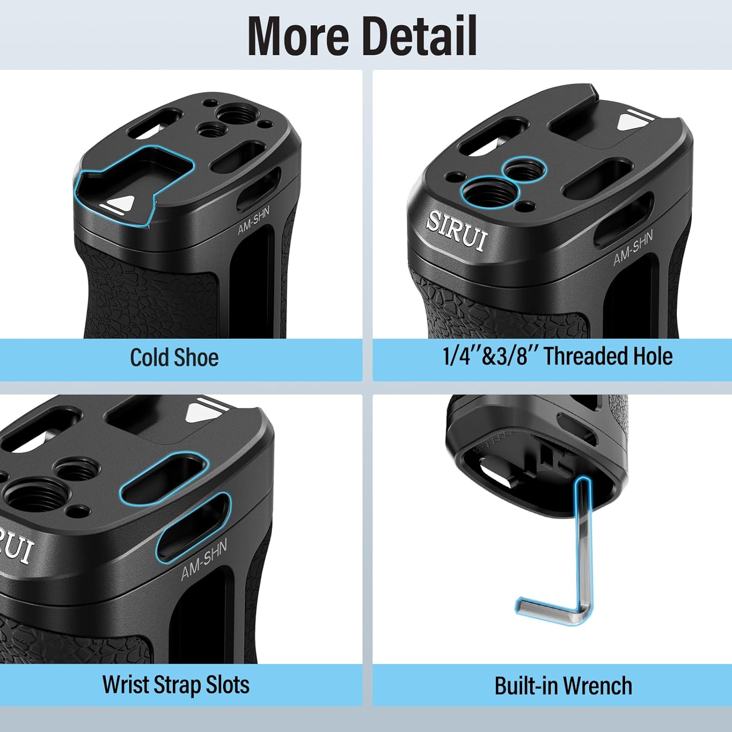 SIRUI Locating Side Handle for ARRI or NATO Mount Optional, Lightweight Camera Cage Handle Grip with Built-in Wrench, Cold Shoe, and Threaded Holes, Up and Down Adjustable, Black, AM-SHN, Pack of 1